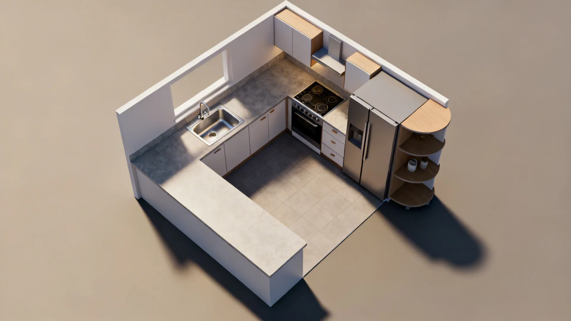 Interior design drawing showing a small kitchen layout with white cabinets grey countertops and appliances