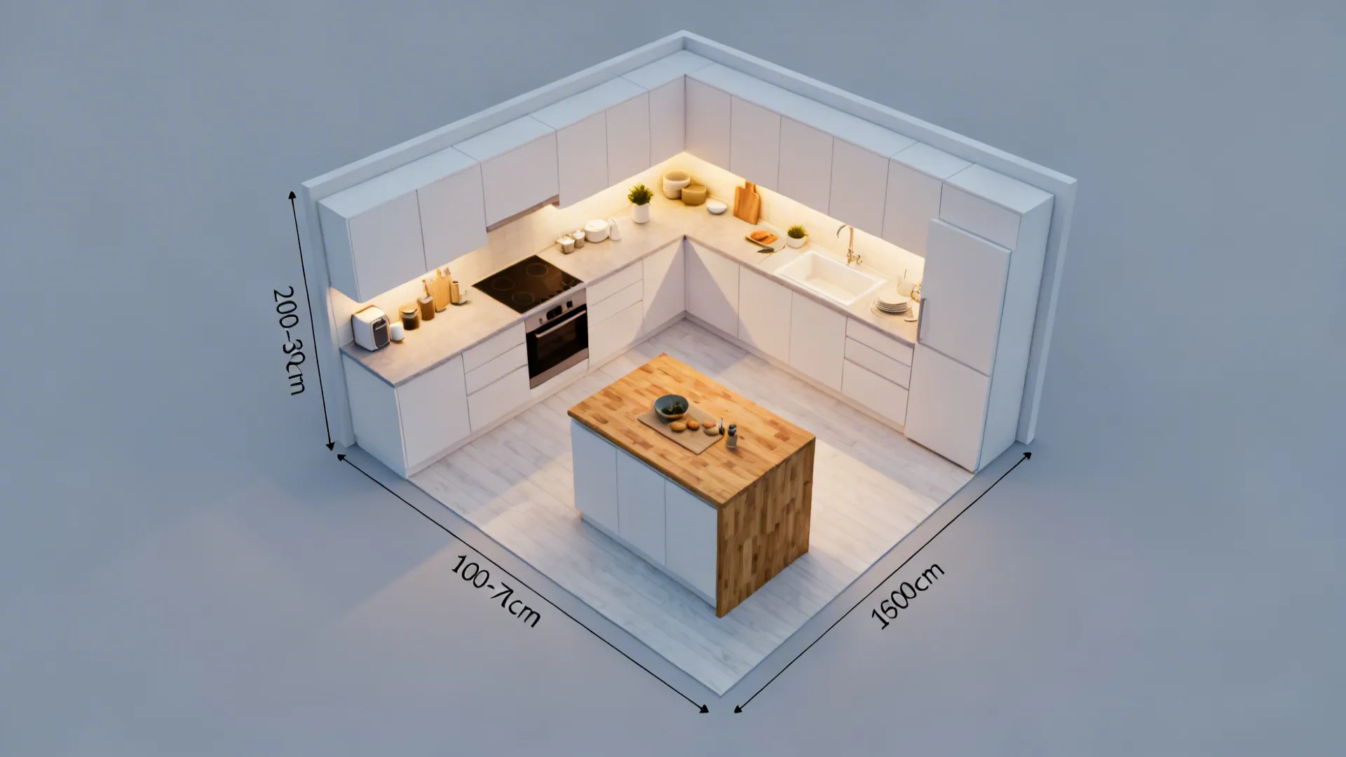 Top-down view of an L-shaped kitchen layout with clear aisles and a movable island.