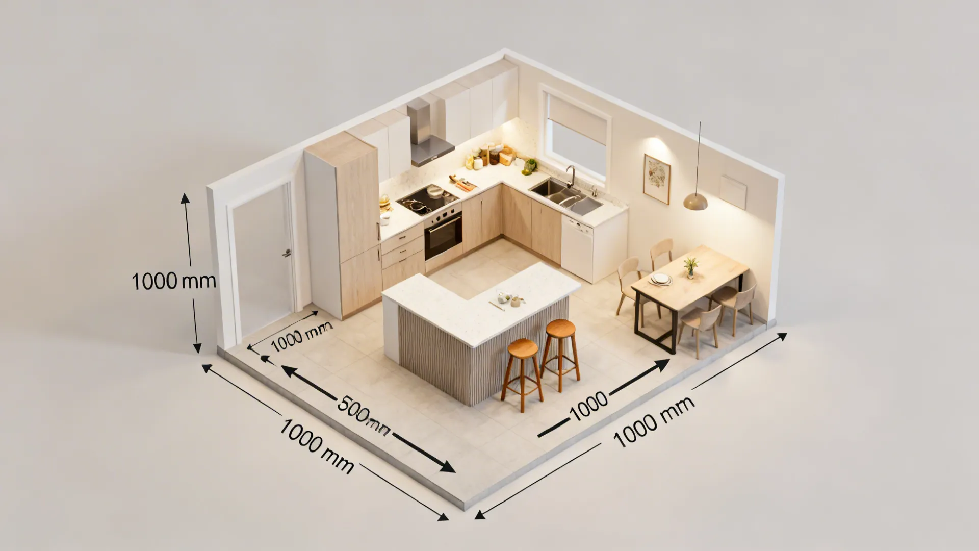 Top-down view of an L-shaped kitchen with peninsula showing clear aisles and zones.