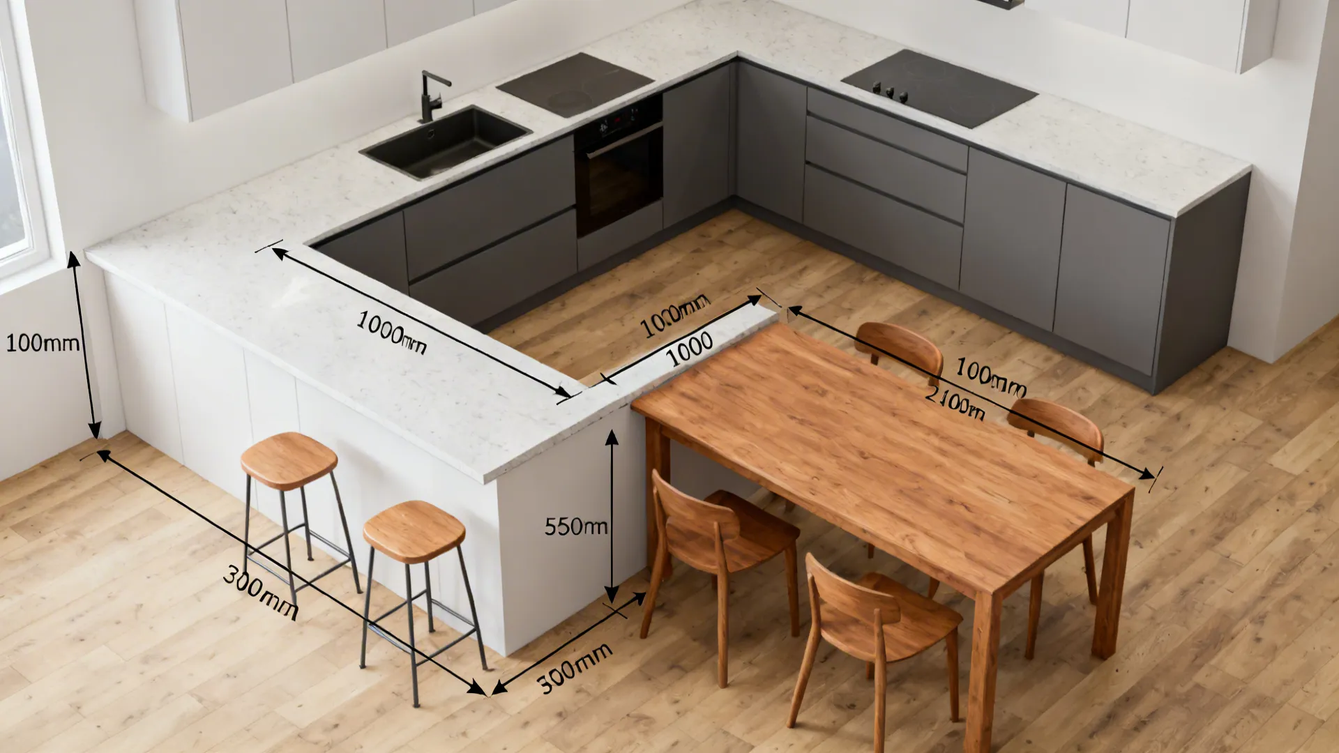 3) L-shaped kitchen with a dining-side peninsula