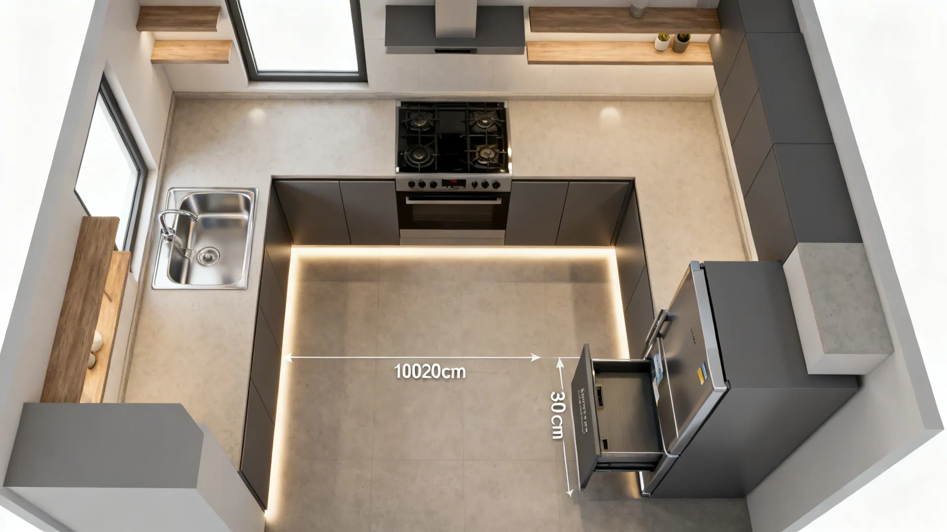 Top-down view of compact L-shaped kitchen illustrating an efficient work triangle and clear aisle.