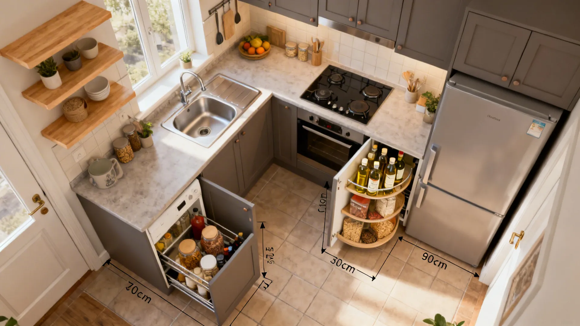 Top-down view of an L-shaped kitchen with a smart corner pull-out and compact work triangle.