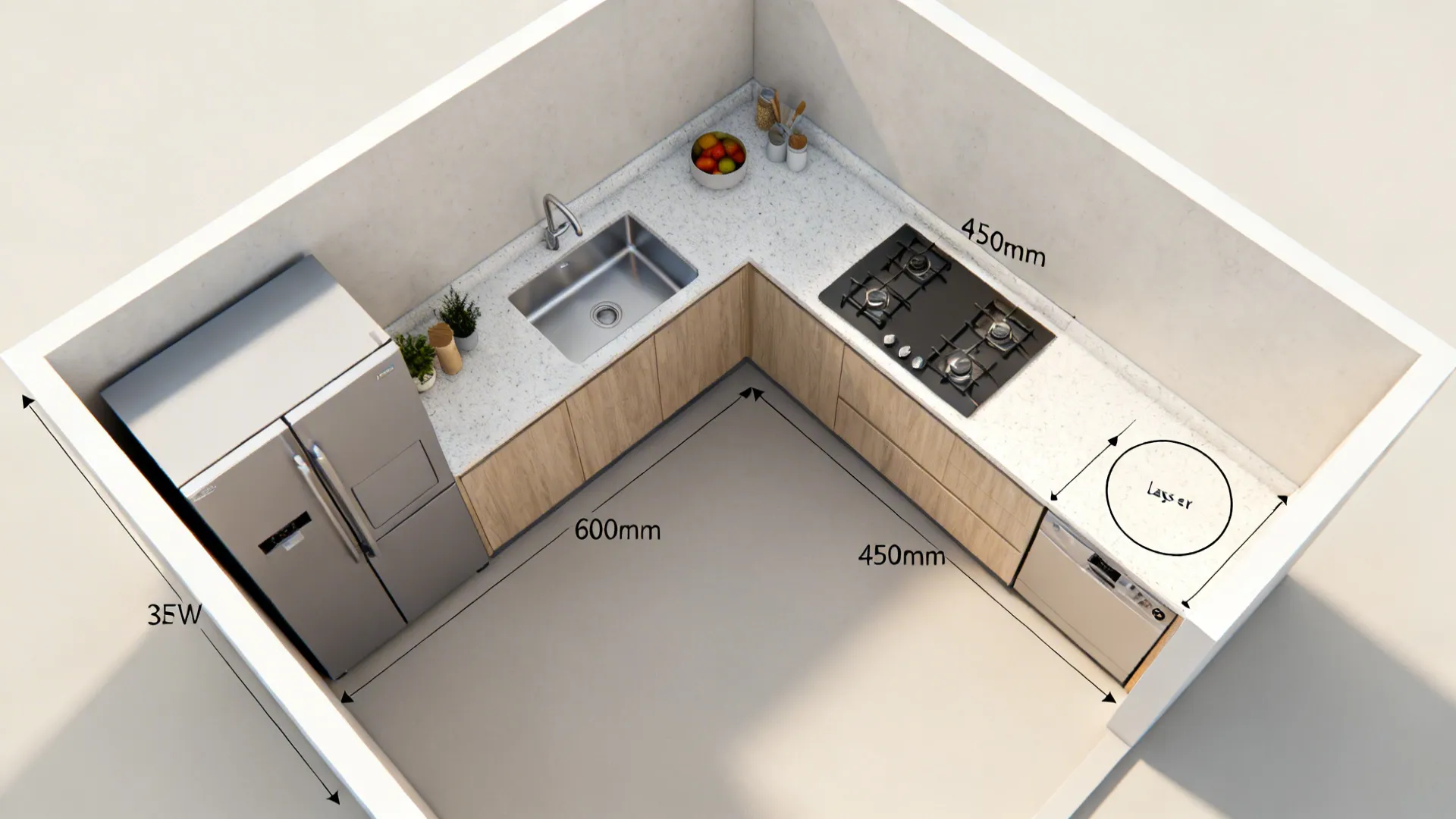 Top-down view of an L-shaped small kitchen showing appliance zones and corner solution with clear prep runs.
