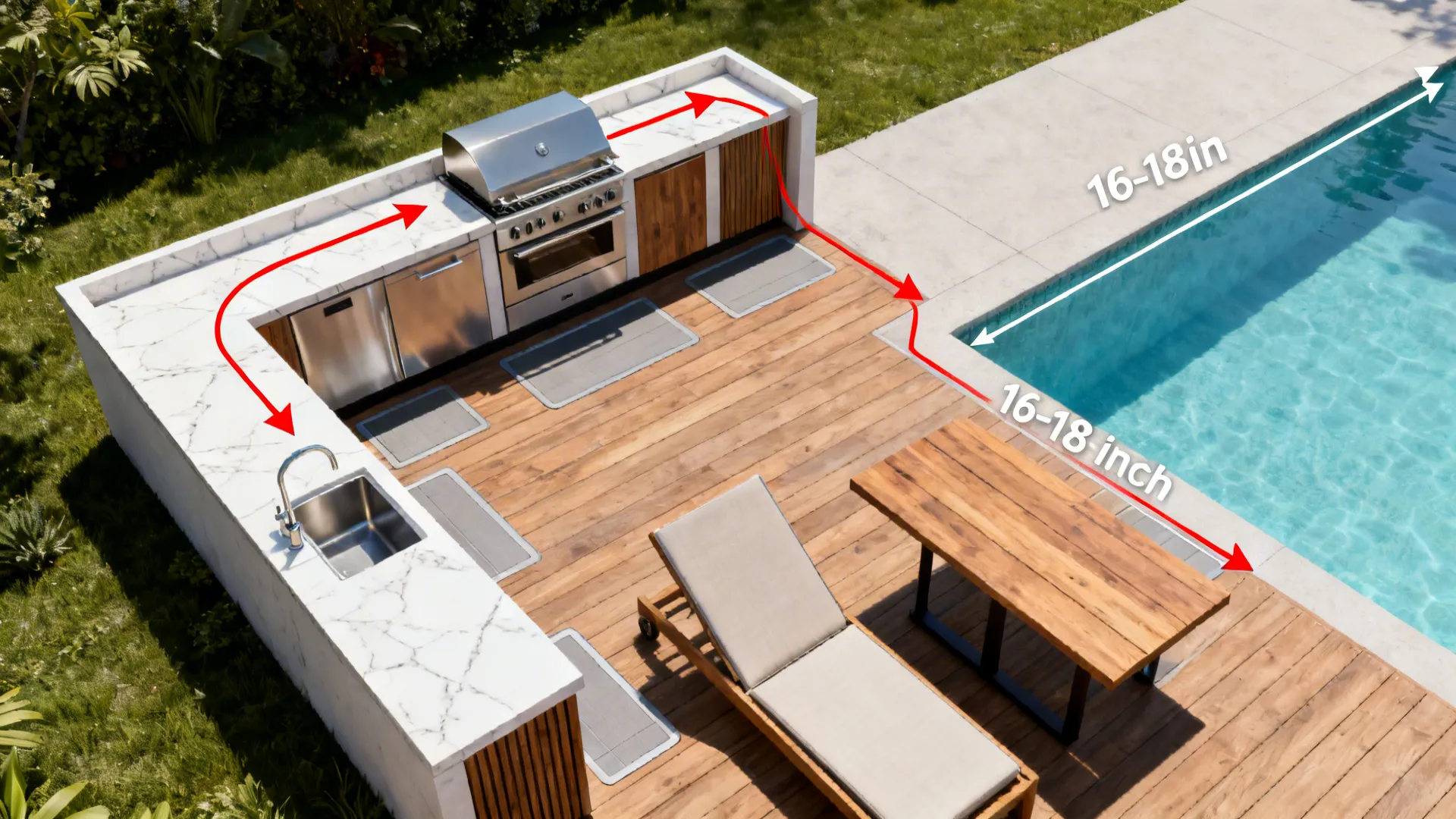 Top down view of L shaped outdoor kitchen layout with grill sink table and pool