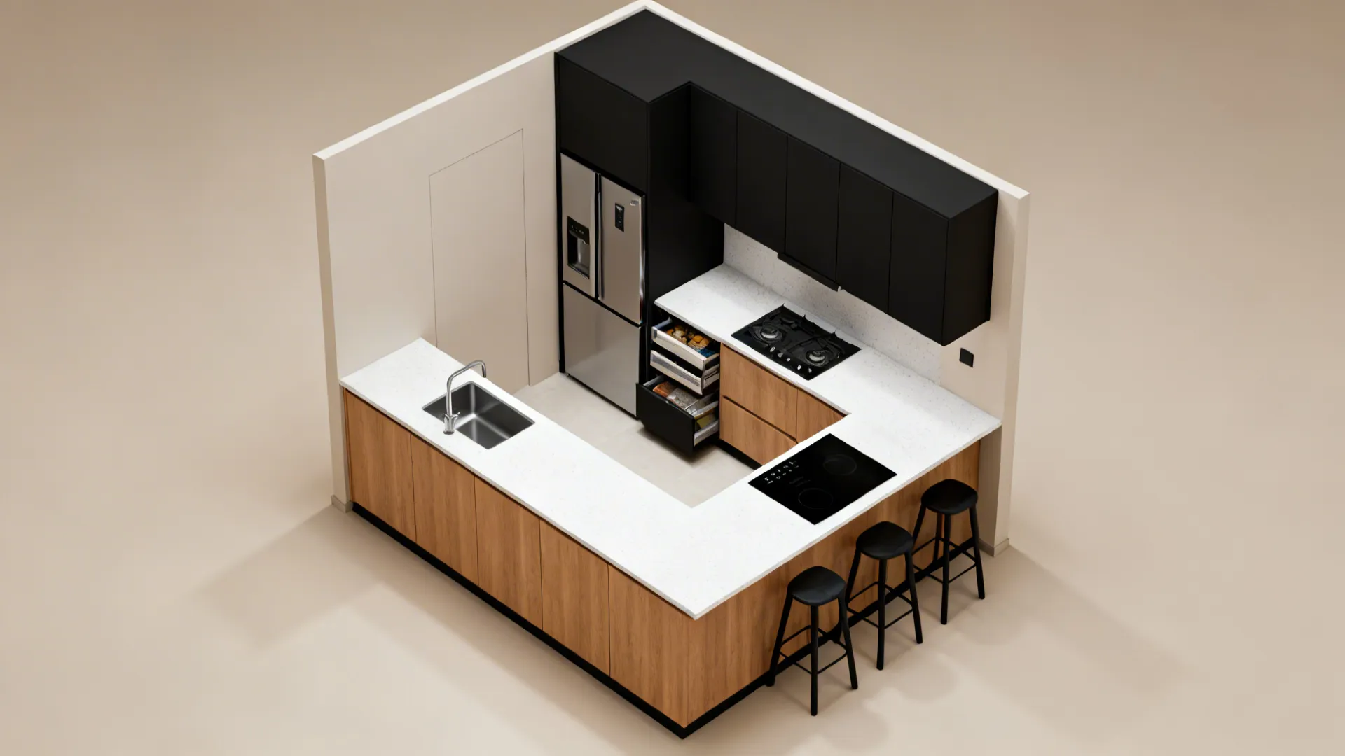 L-shaped compact layout with full-height pantry