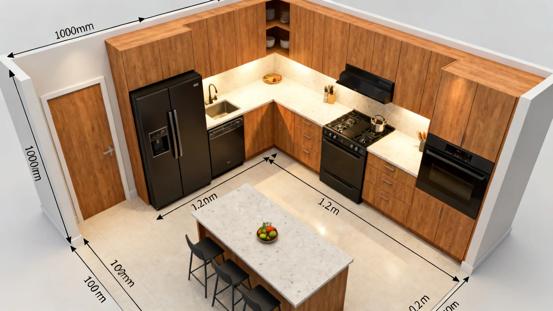 Interior design drawing of an L-shaped kitchen layout with an island and specific size measurements