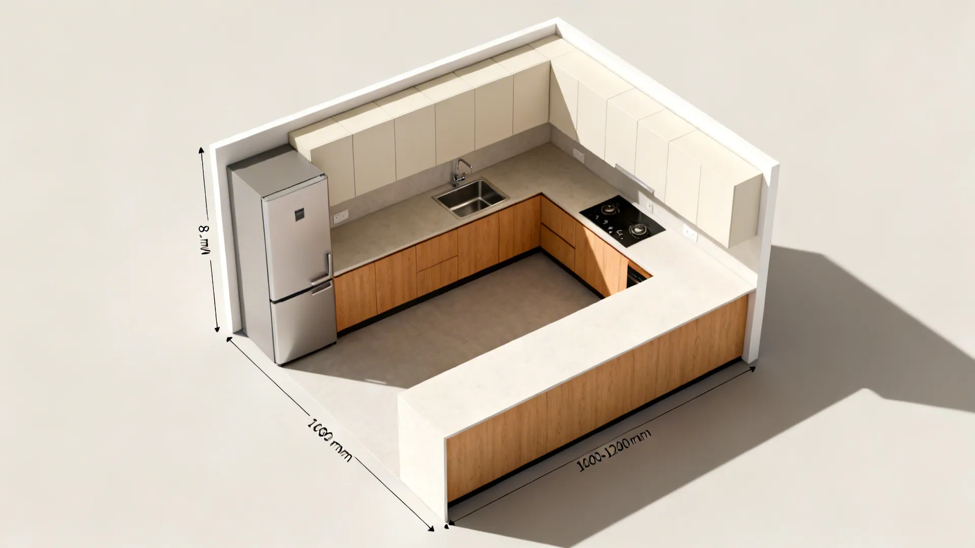 Top-down view of a compact L-shaped kitchen showing a continuous prep run and clear aisle.