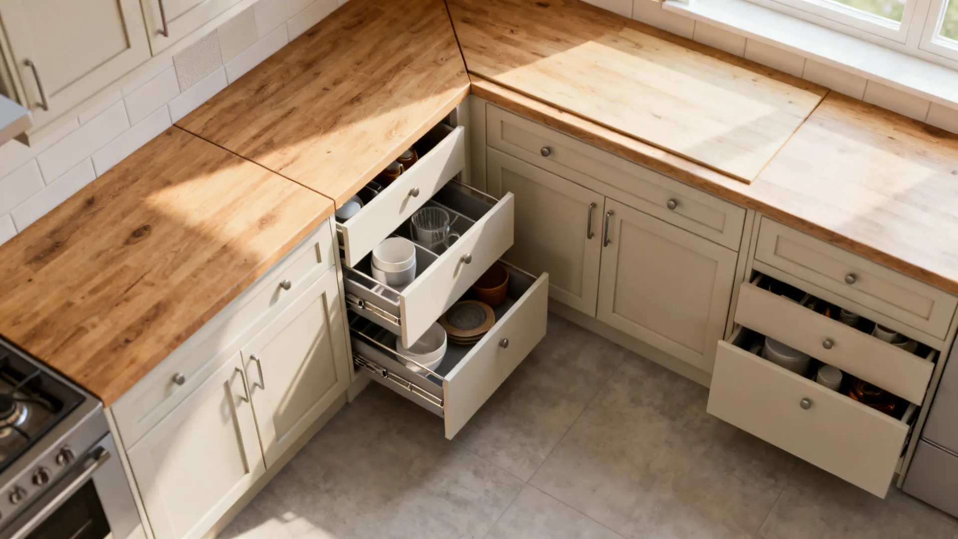 Top-down view of an L-shaped small kitchen highlighting drawer zones and a corner mechanism.