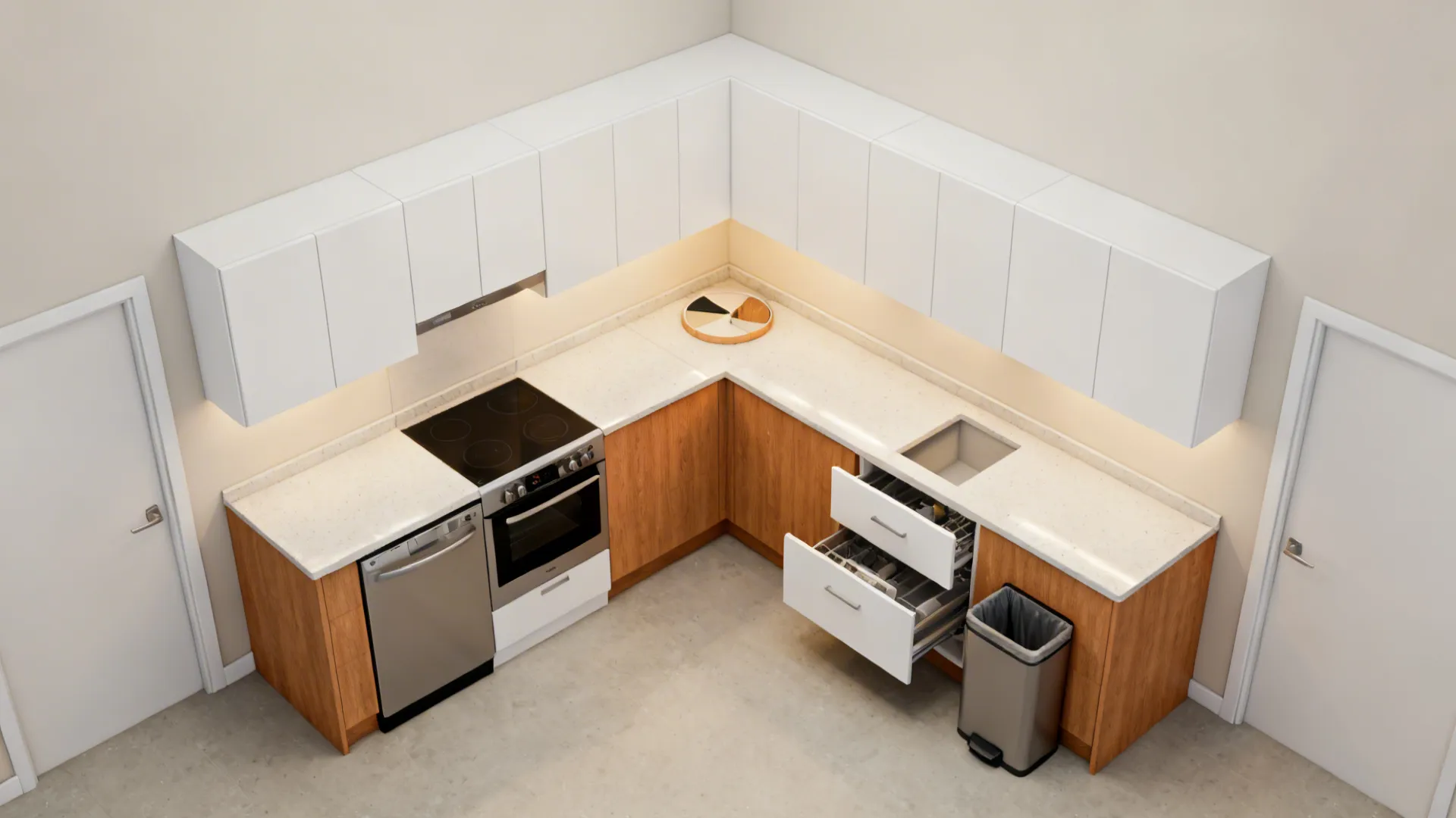 Top-down view of a compact L-shaped kitchen showing clearances and corner storage options.