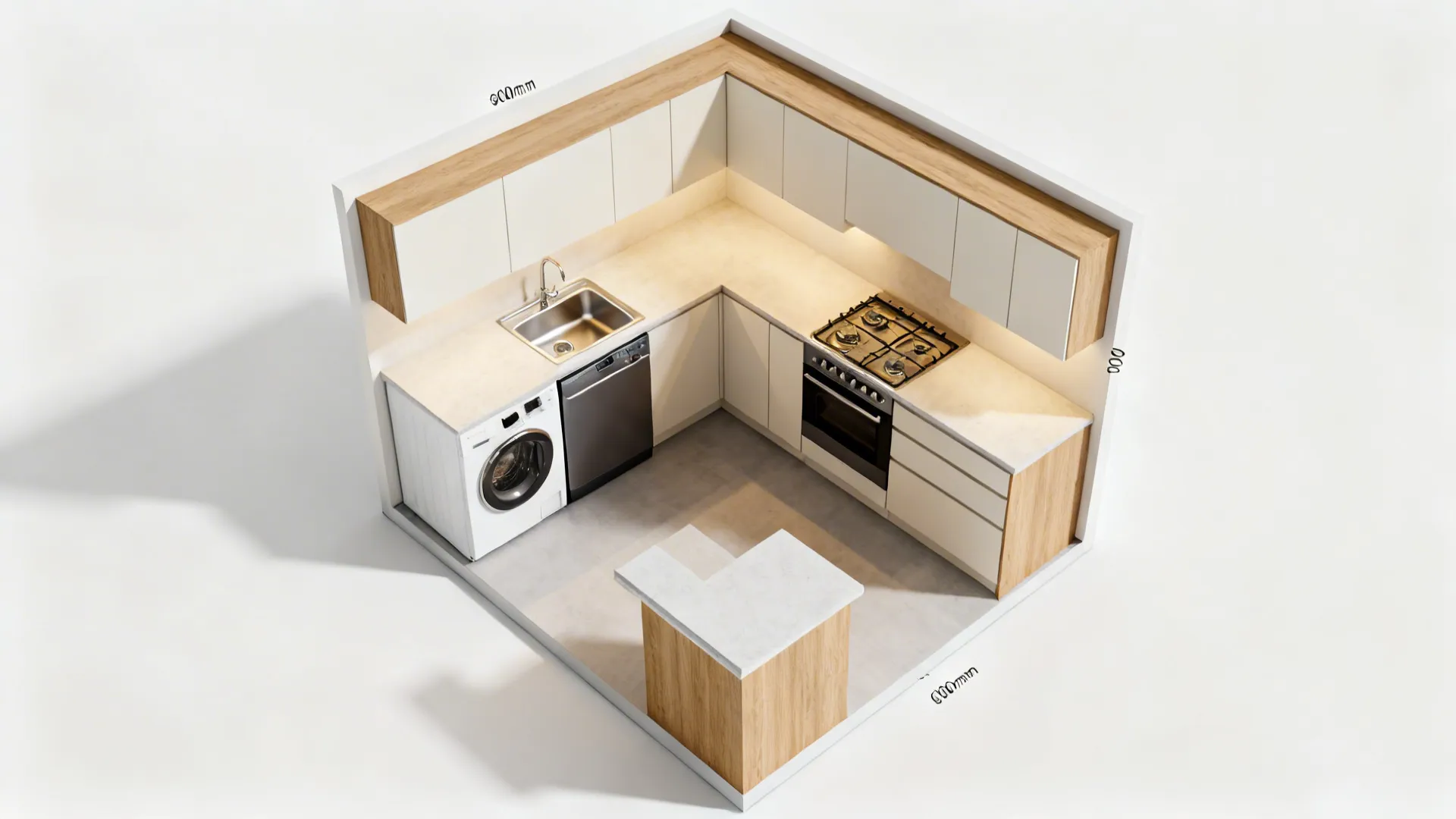 Small kitchen layout design showing wood cabinets washing machine sink stove and modern kitchen island