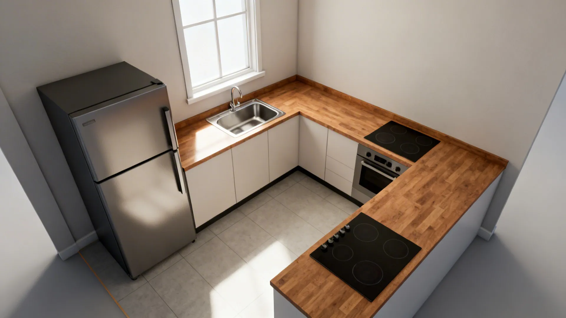 Top-down view of a compact L-shaped kitchen with clear circulation and appliance zones.