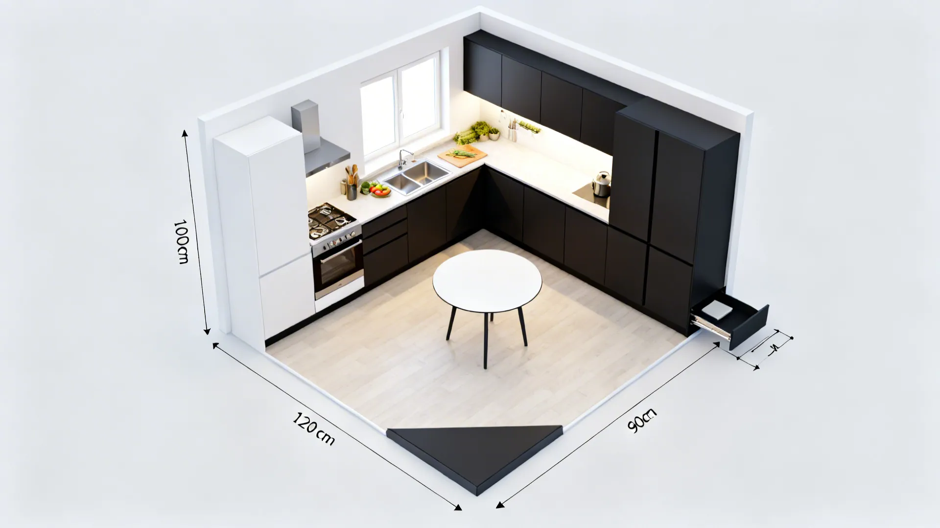 L-Shaped Layout to Maximize Counter and Dining Flow