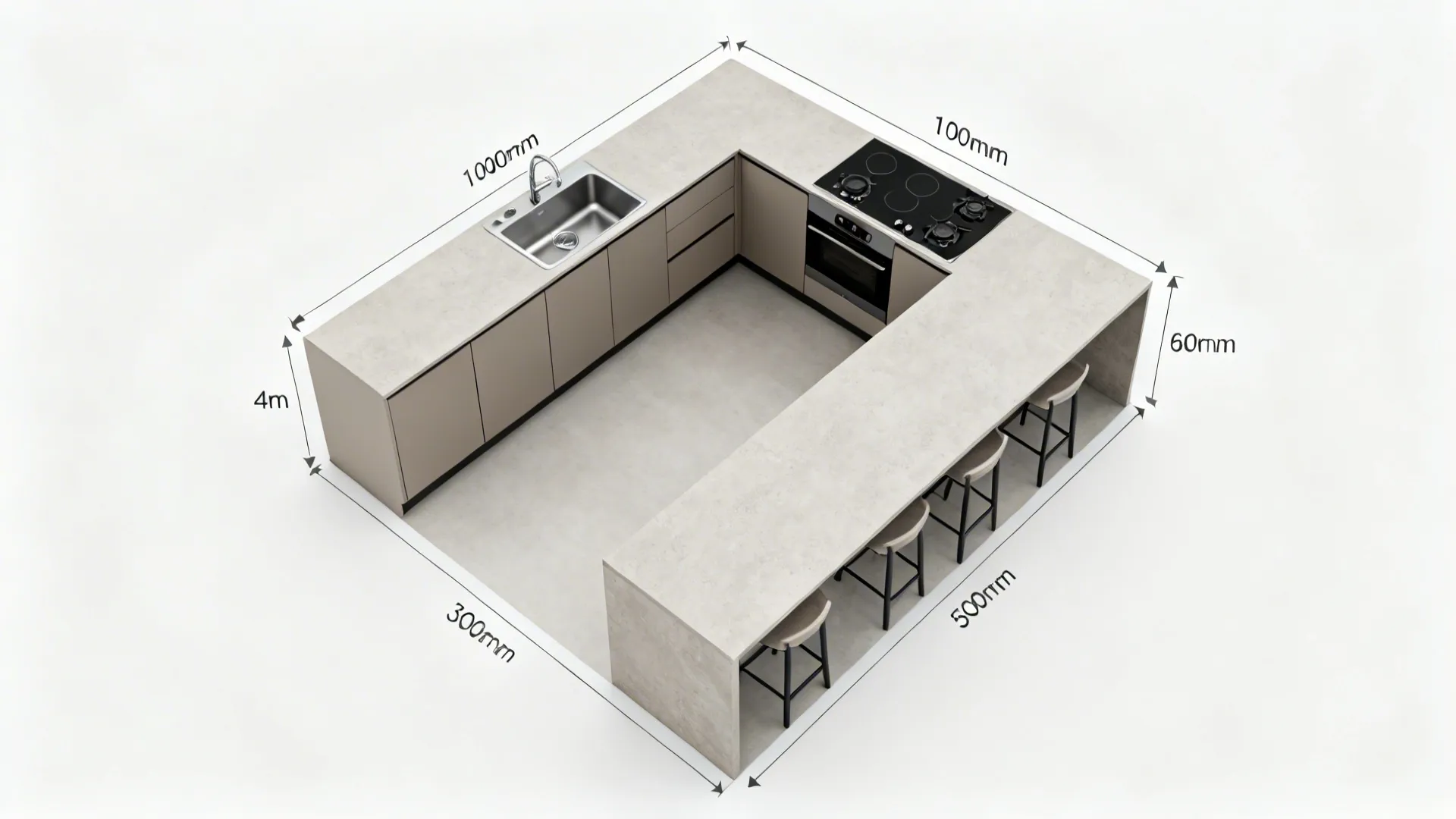 Top-down view of a 4x4 L-shaped kitchen with clear work zones and comfortable aisles.