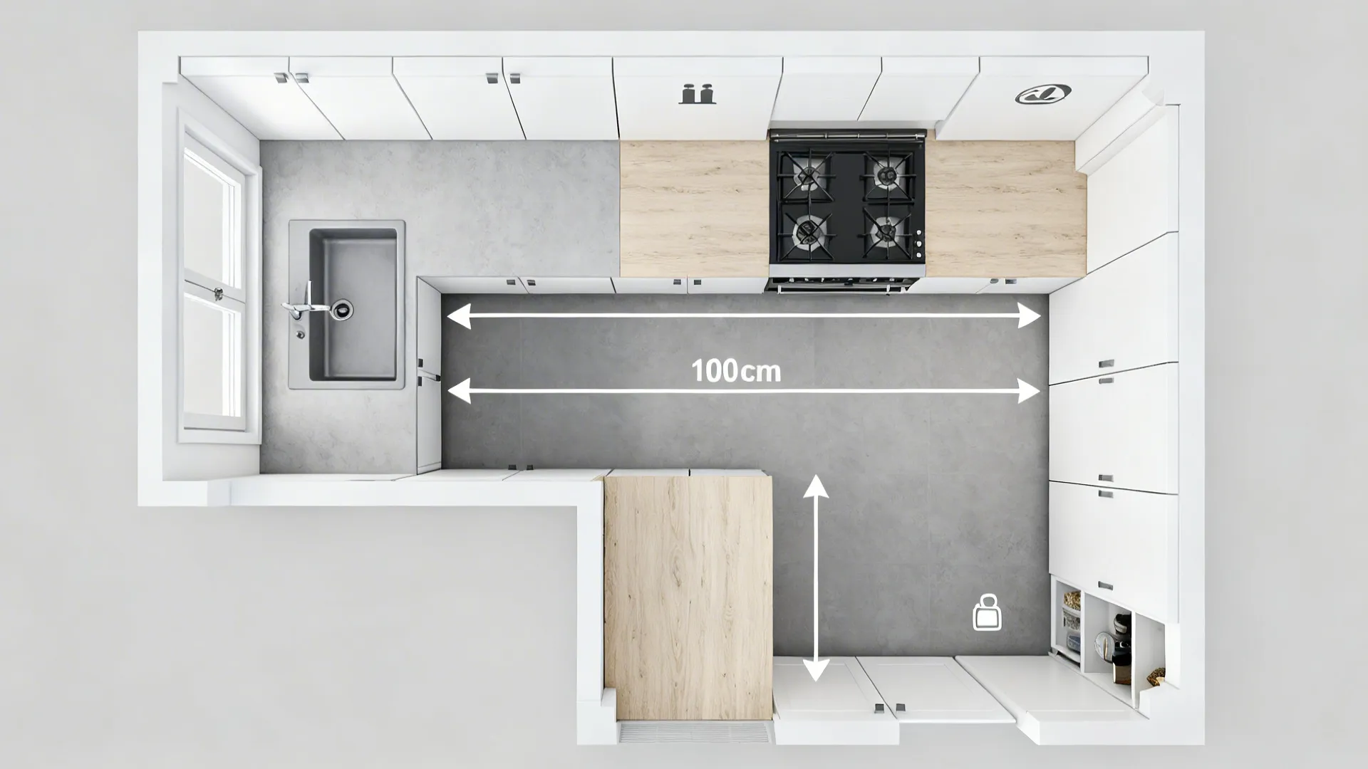 Top-down L-shaped kitchen plan with defined prep zone between sink and cooktop.