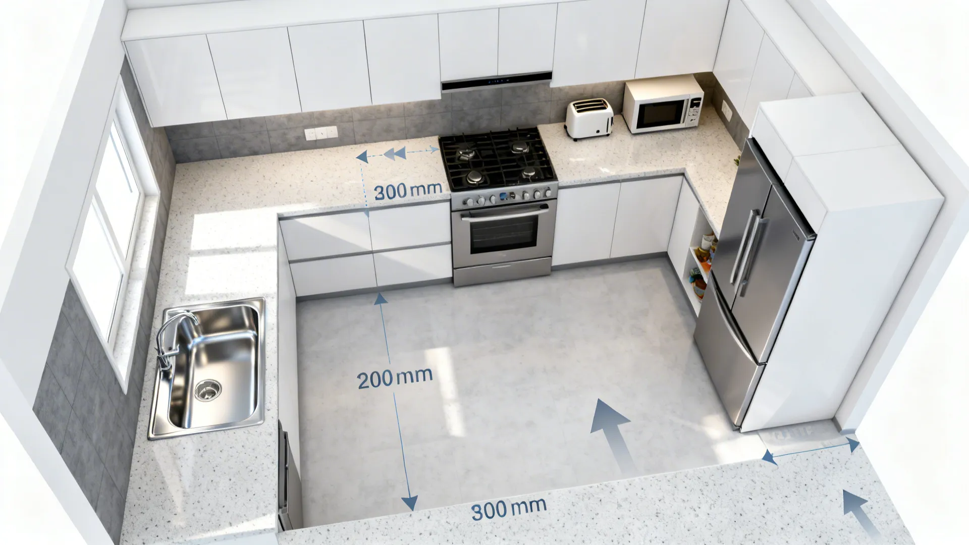 Top down interior design drawing of white kitchen with stove fridge sink and measurement lines