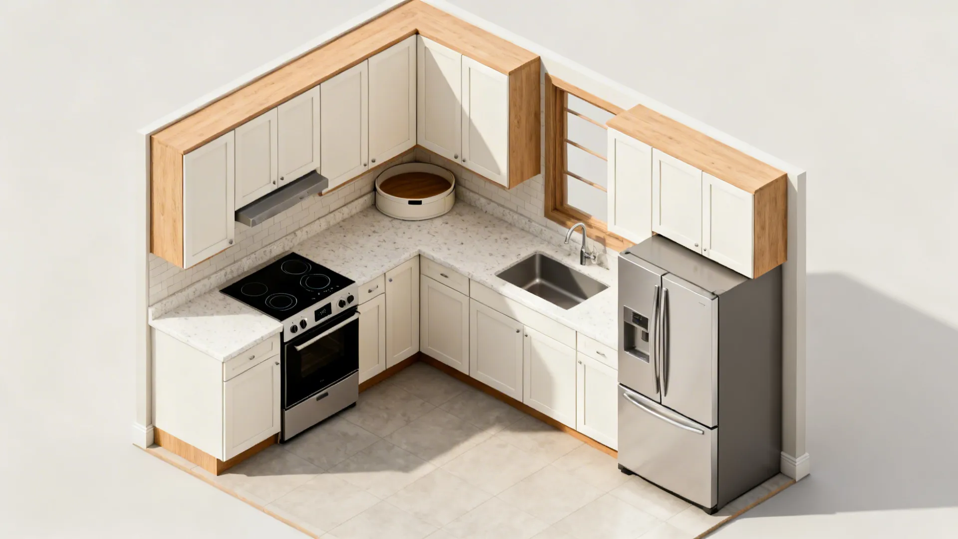 Top-down view of a compact L-shaped kitchen with continuous prep space and corner insert.