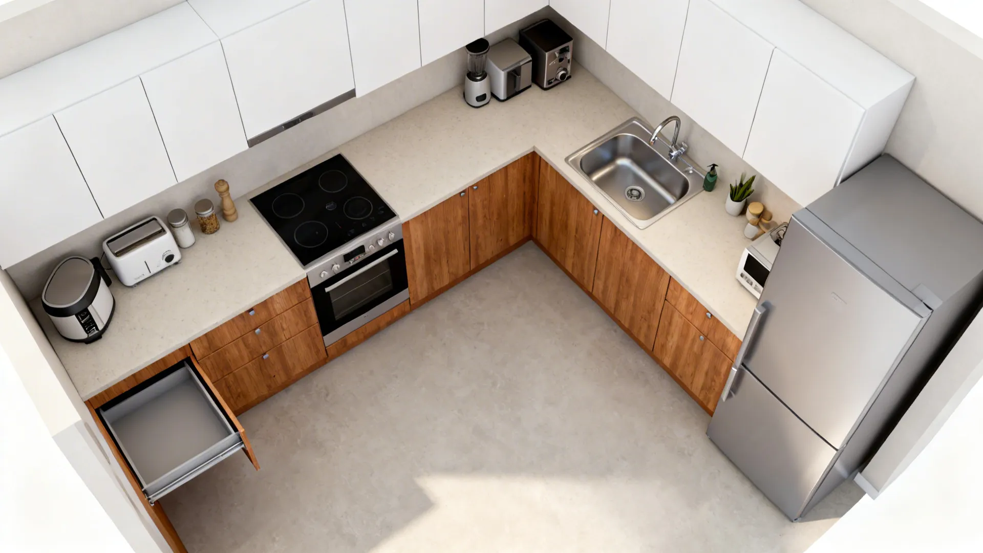 Top-down view of a compact L-shaped kitchen with a blind corner pull-out and efficient triangle.