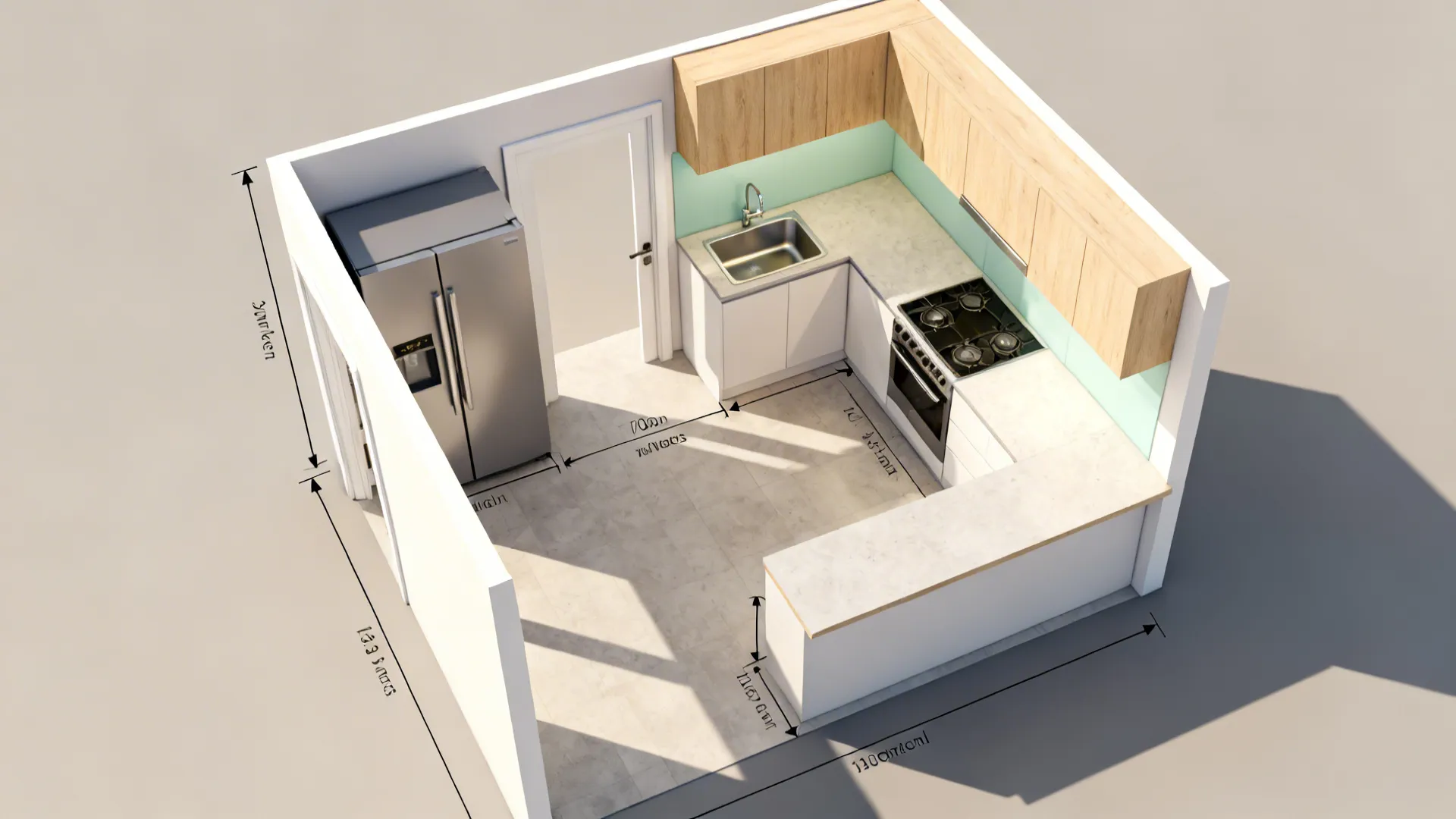 Top-down plan of an L-shaped small kitchen showing work triangle and clearances.