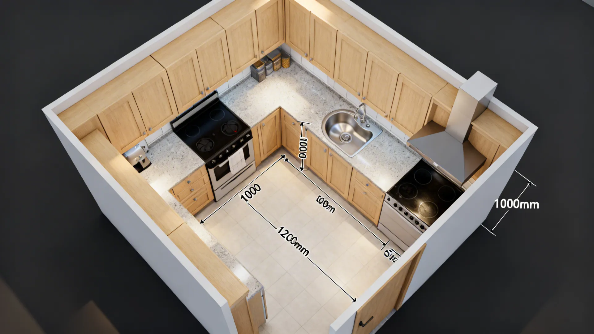 Top-down view of a small L-shaped kitchen with measured clearances and continuous counters.