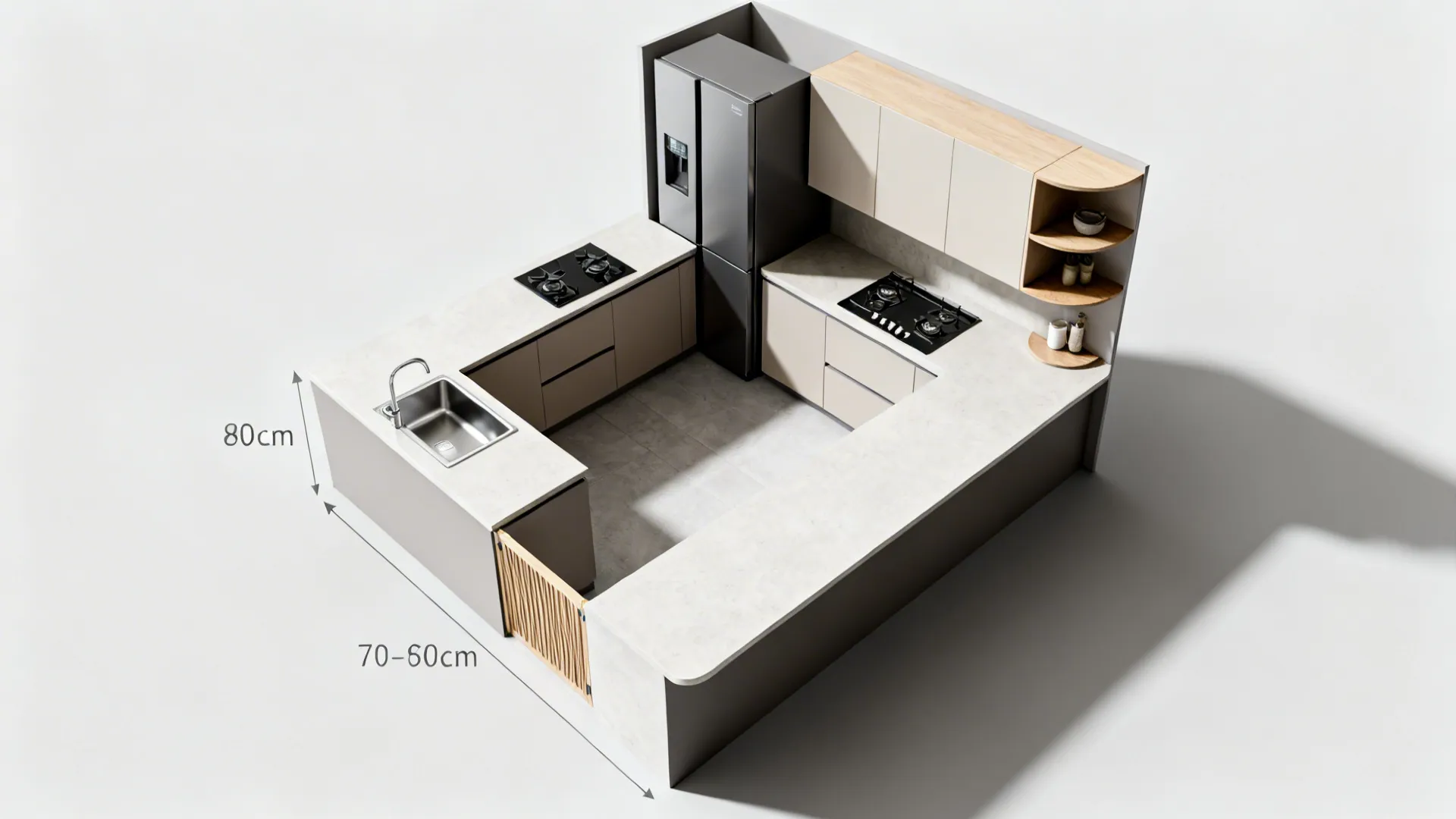 Top-down view of a compact L-shaped kitchen with recommended clearances.