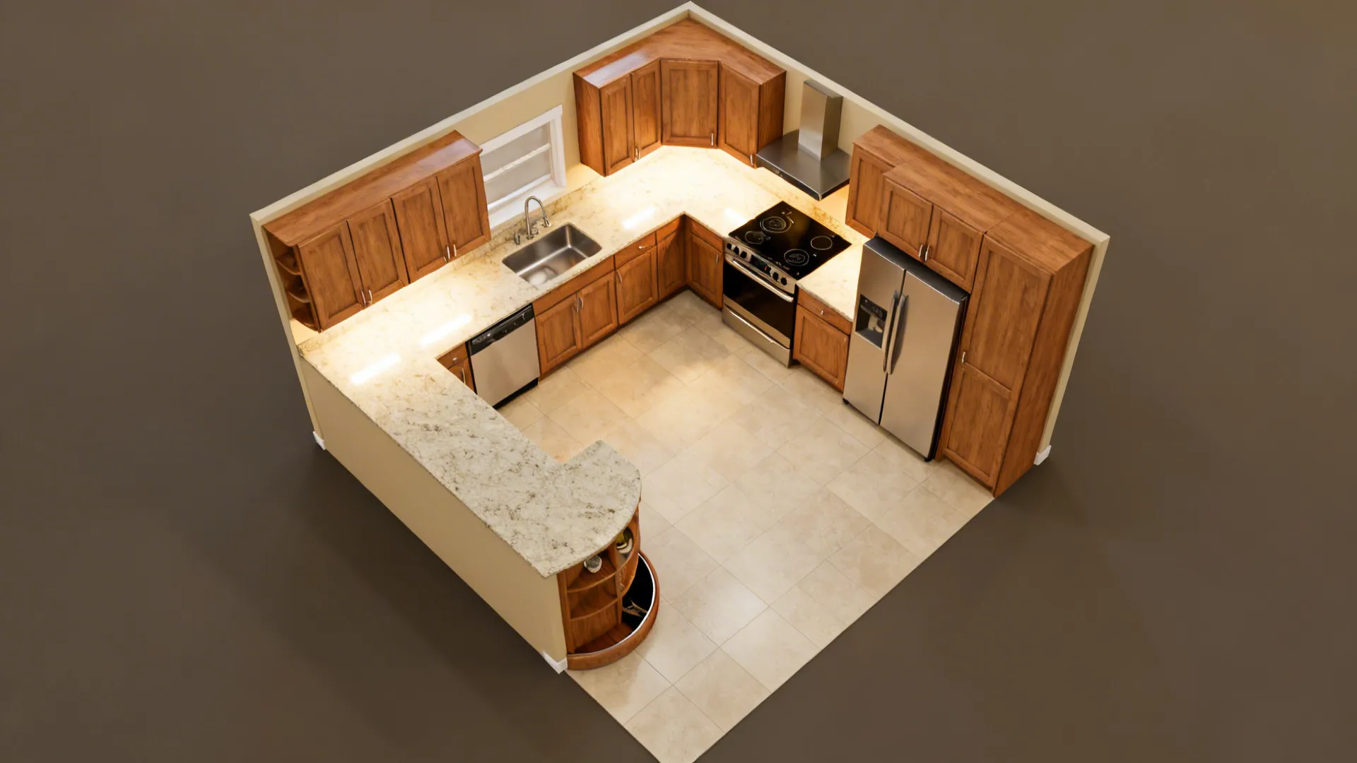 Top-down view of an 8x8 L-shaped kitchen with clear work zones and a 30-inch prep run.
