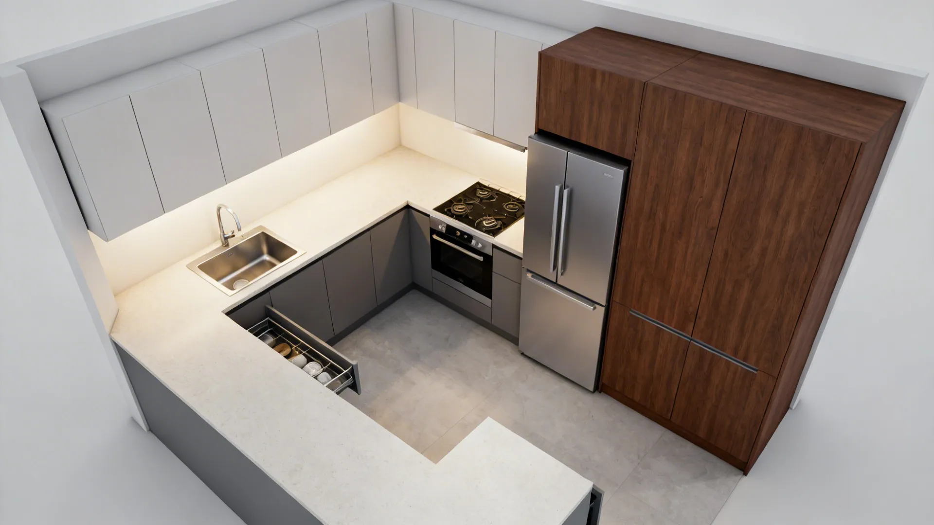 Top-down view of a compact L-shaped kitchen highlighting the work triangle and corner solution.