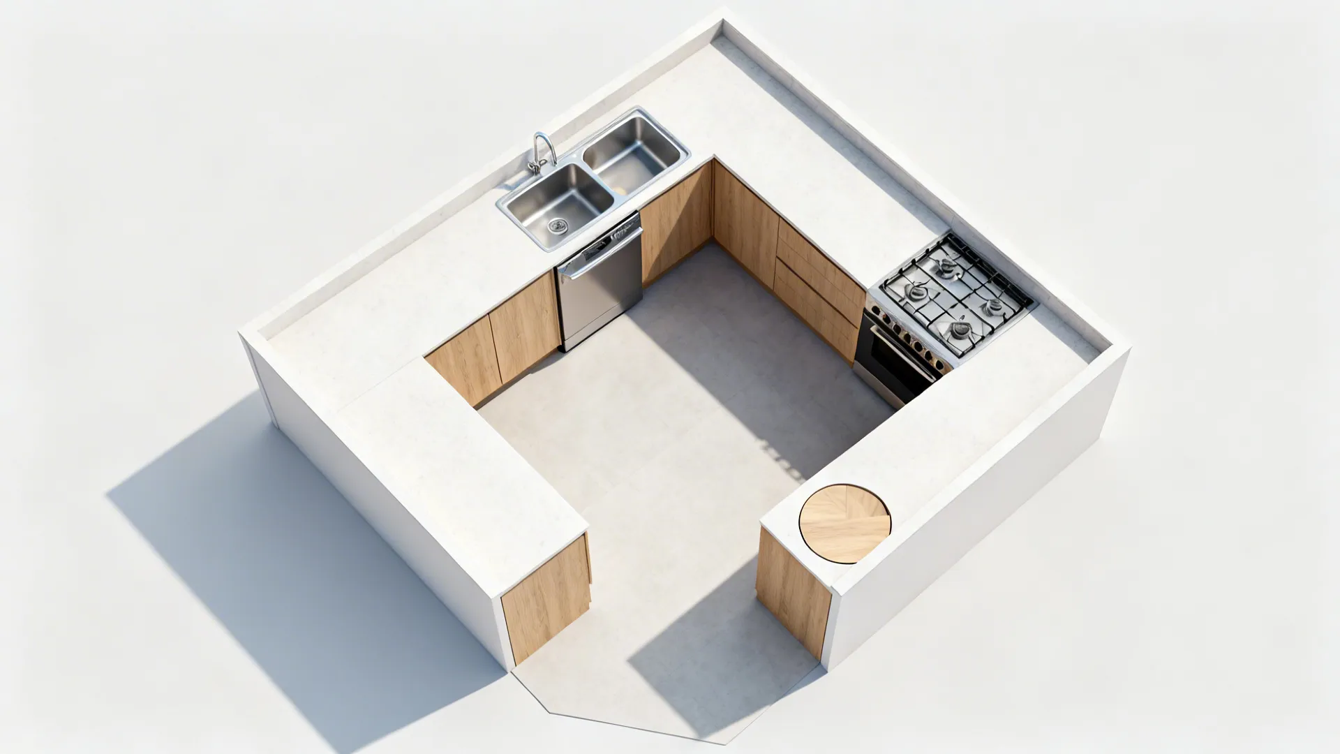 Top-down L-shaped kitchen plan showing work triangle and landing zones.