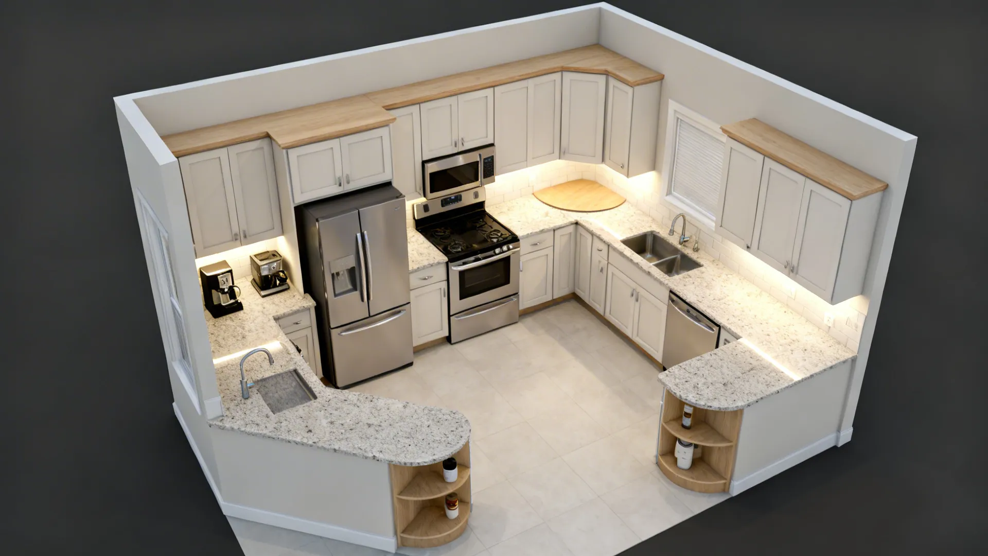Top-down view of a compact L-shaped kitchen with clear aisles and corner storage.