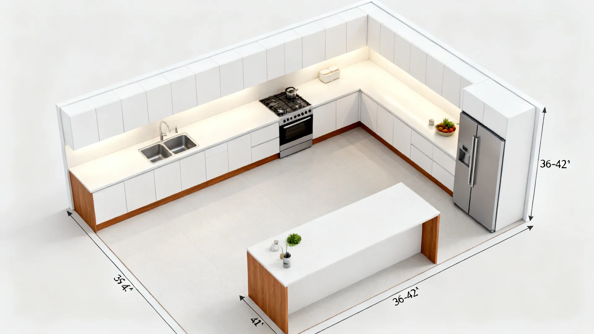 Top-down view of an L-shaped small kitchen with uninterrupted counter runs and clear aisles.