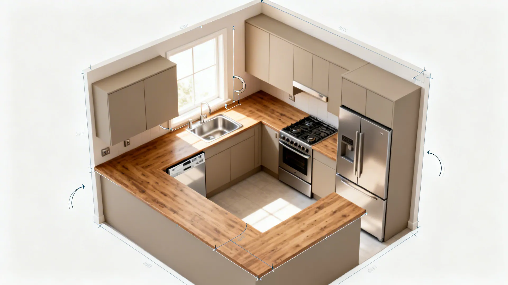 Interior design drawing showing kitchen room layout with wood countertop beige cabinet fridge stove sink