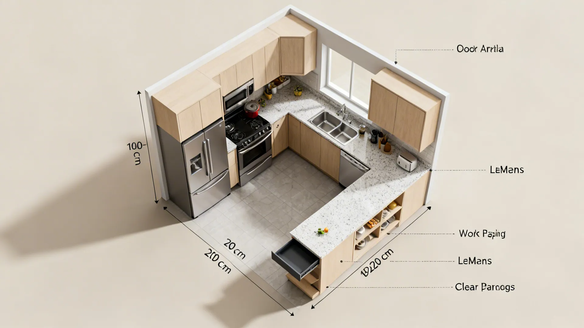 Top-down view of an L-shaped kitchen with clear work triangle and corner pull-out system.