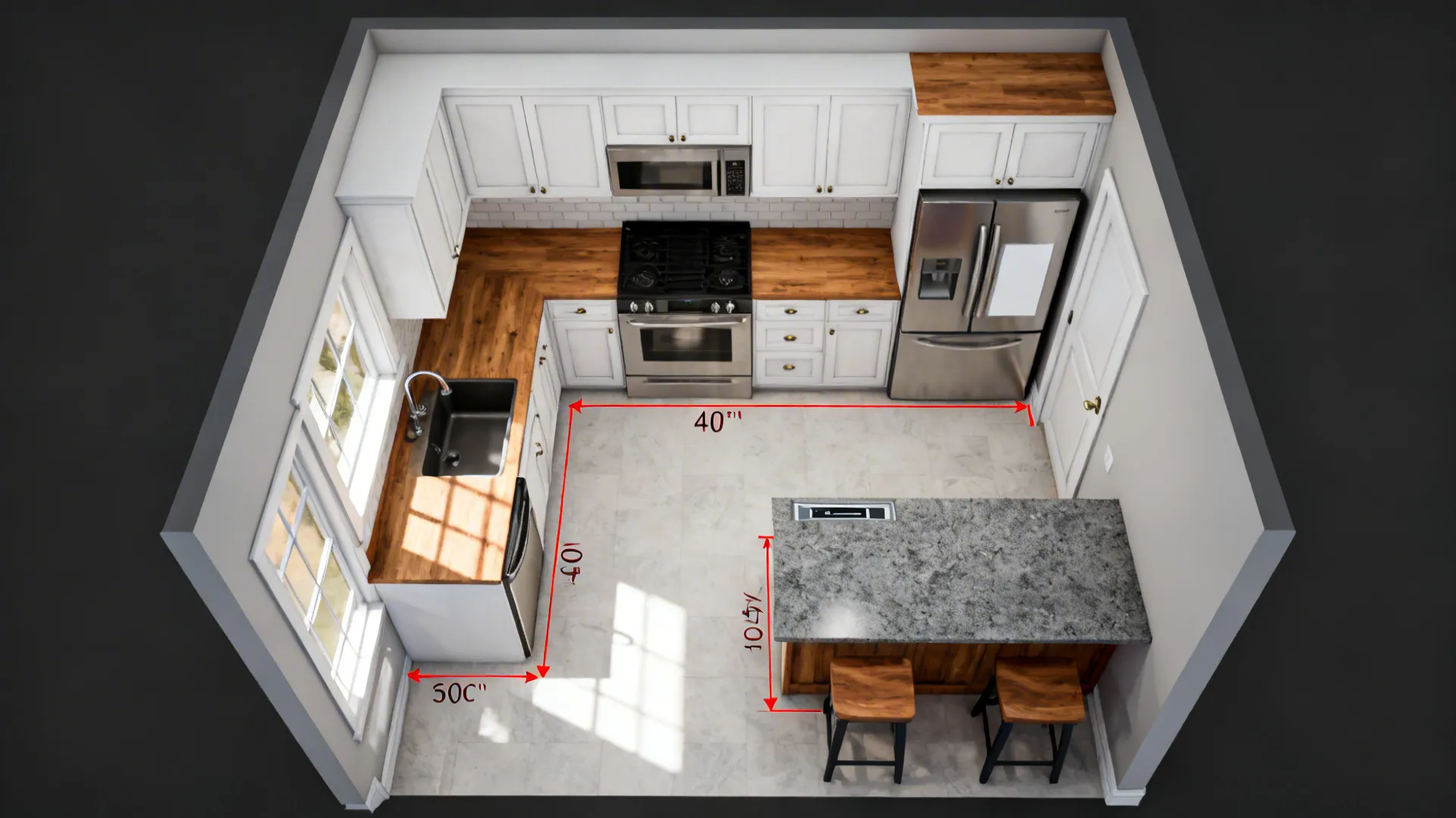 Top-down L-shaped kitchen plan illustrating walkways, triangle, and stool clearance.