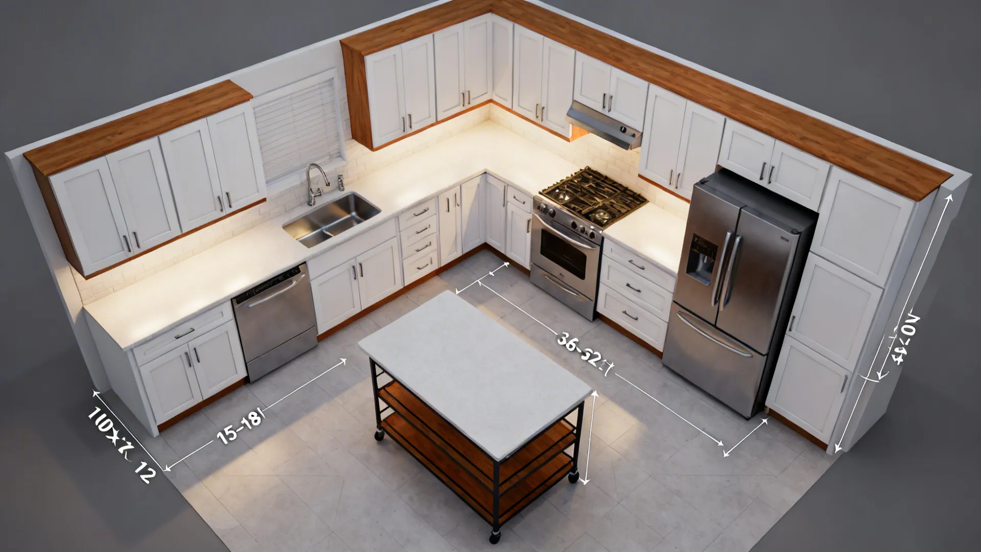 Top-down view of an L-shaped 10x12 kitchen with clear zones and slim mobile island.