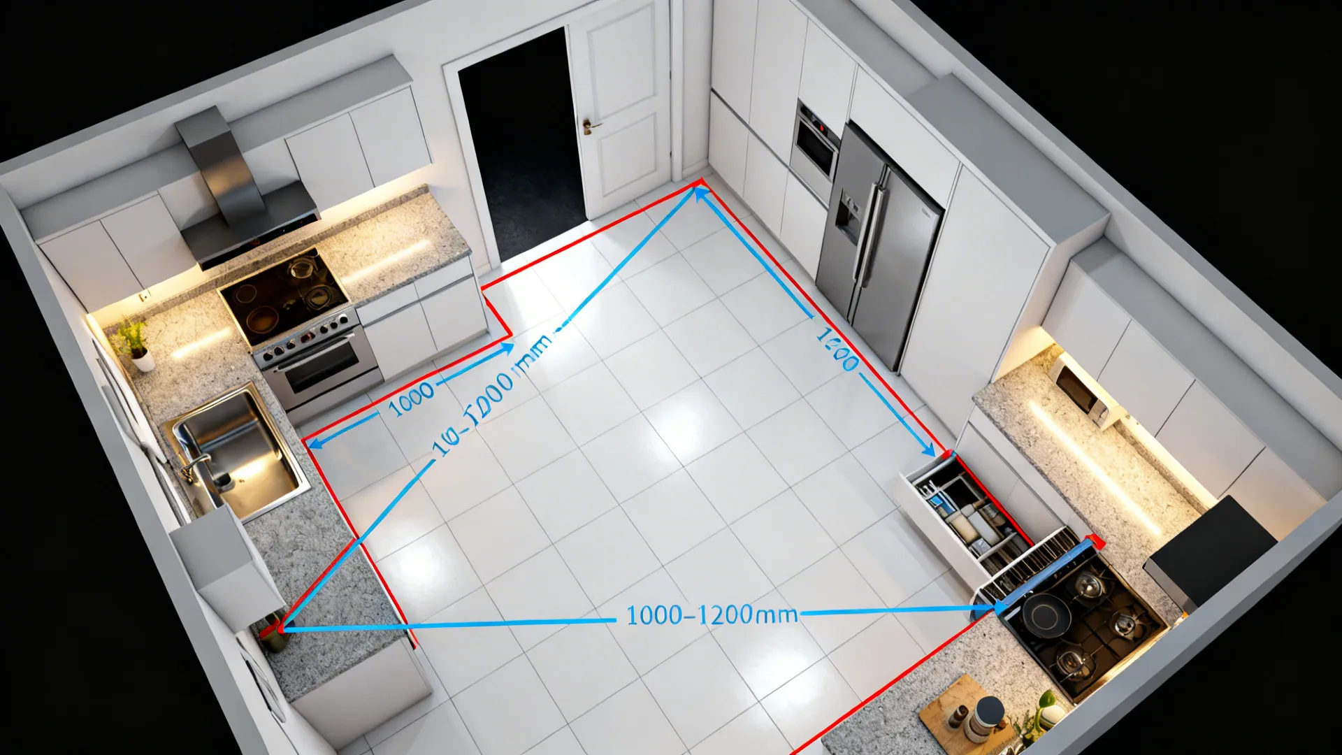 Top-down L-shaped kitchen plan showing aisle width, work triangle, and door swing arcs.