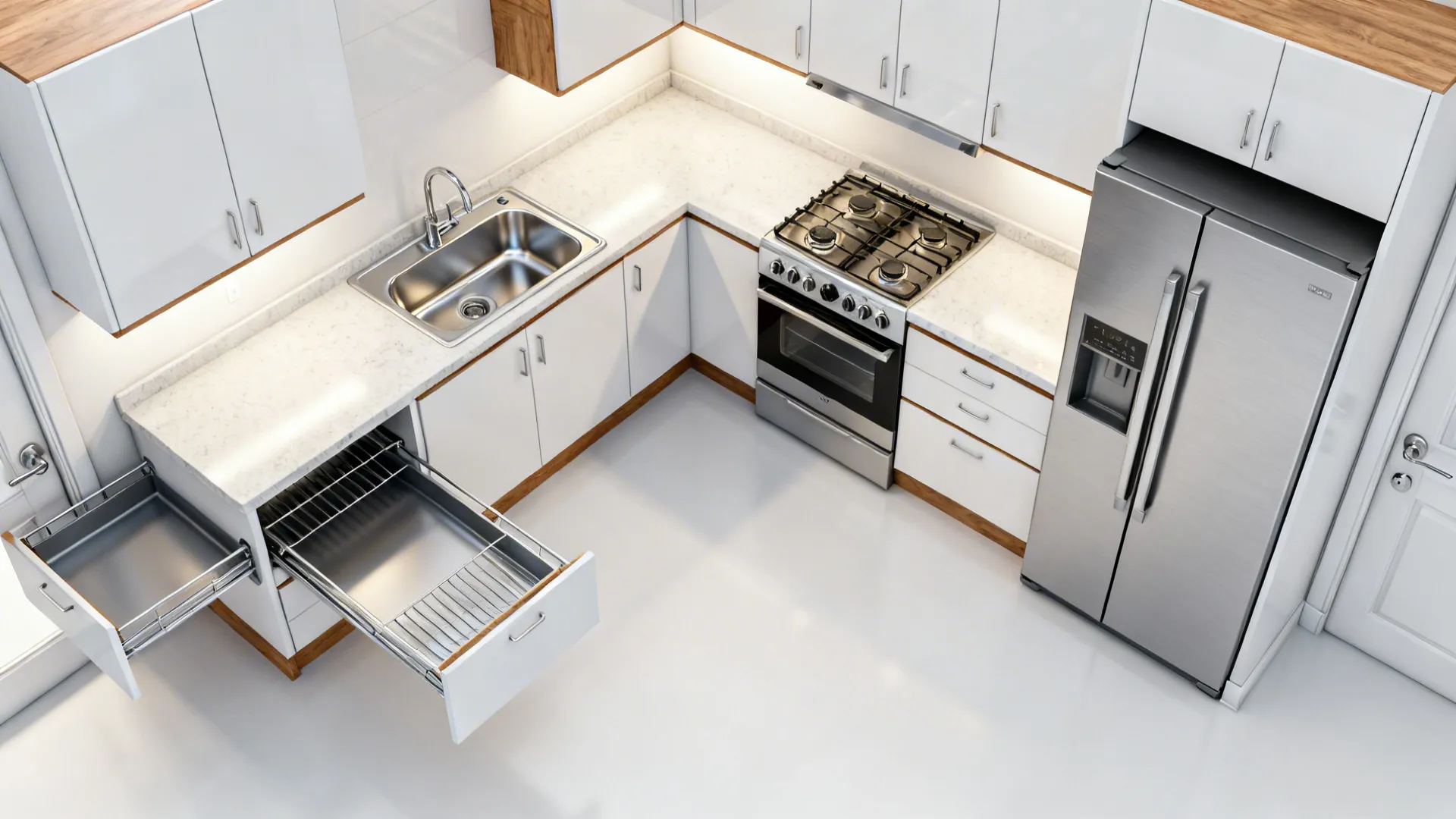 Top view of L-shaped kitchen layout with white cabinets silver fridge stove sink and drawers
