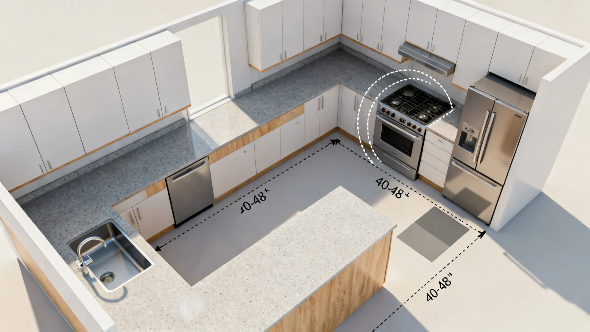 Top-down view of an L-shaped kitchen layout showing aisle clearance and landing zones.