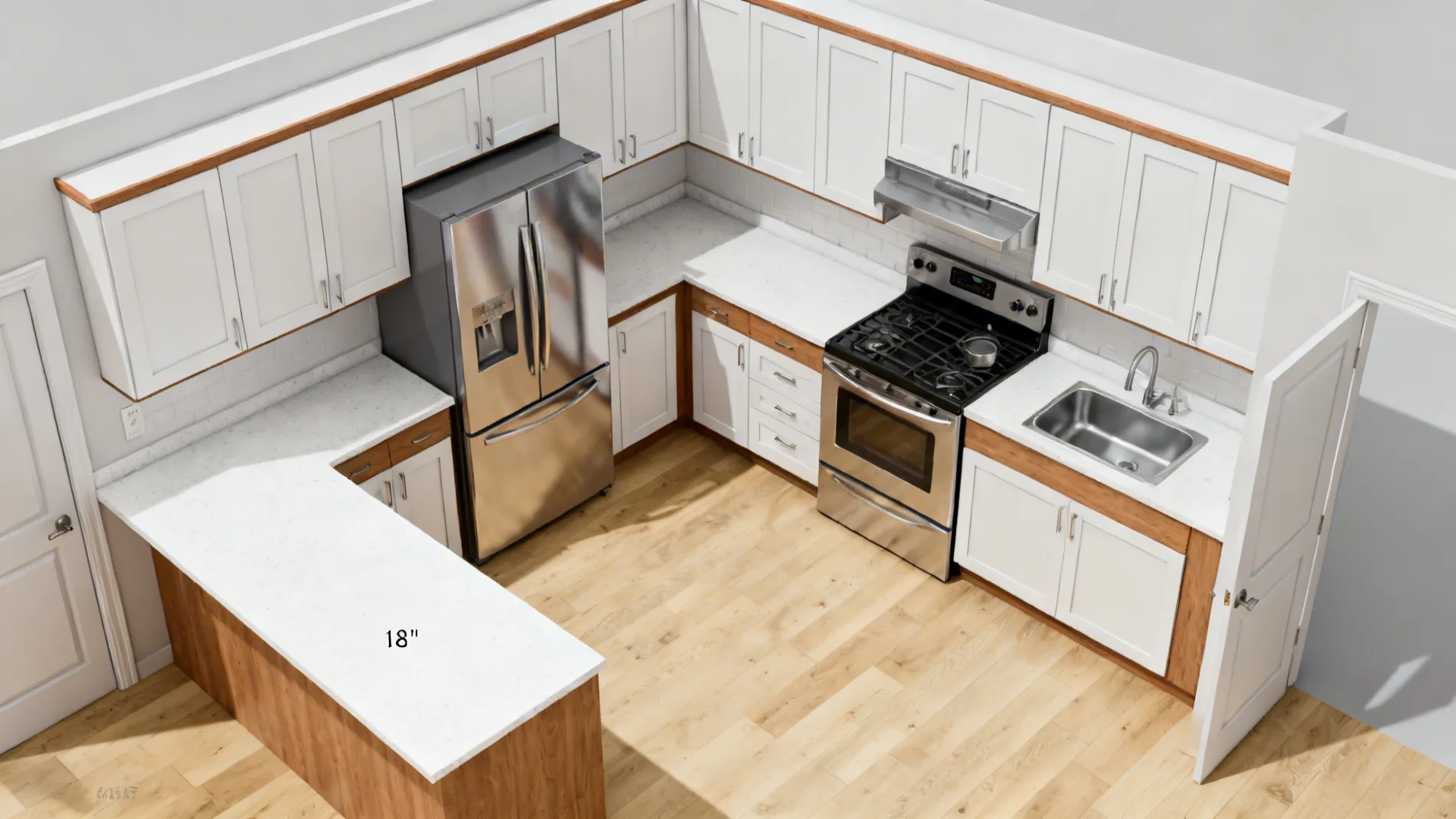 Top-down L-shaped small kitchen showing clear work triangle and landing zones.