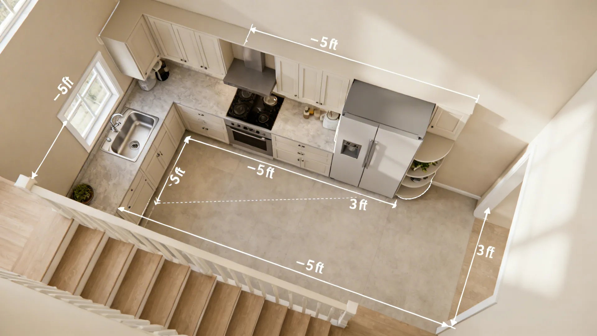 Top-down view of L-shaped under-stair kitchen work triangle and zones