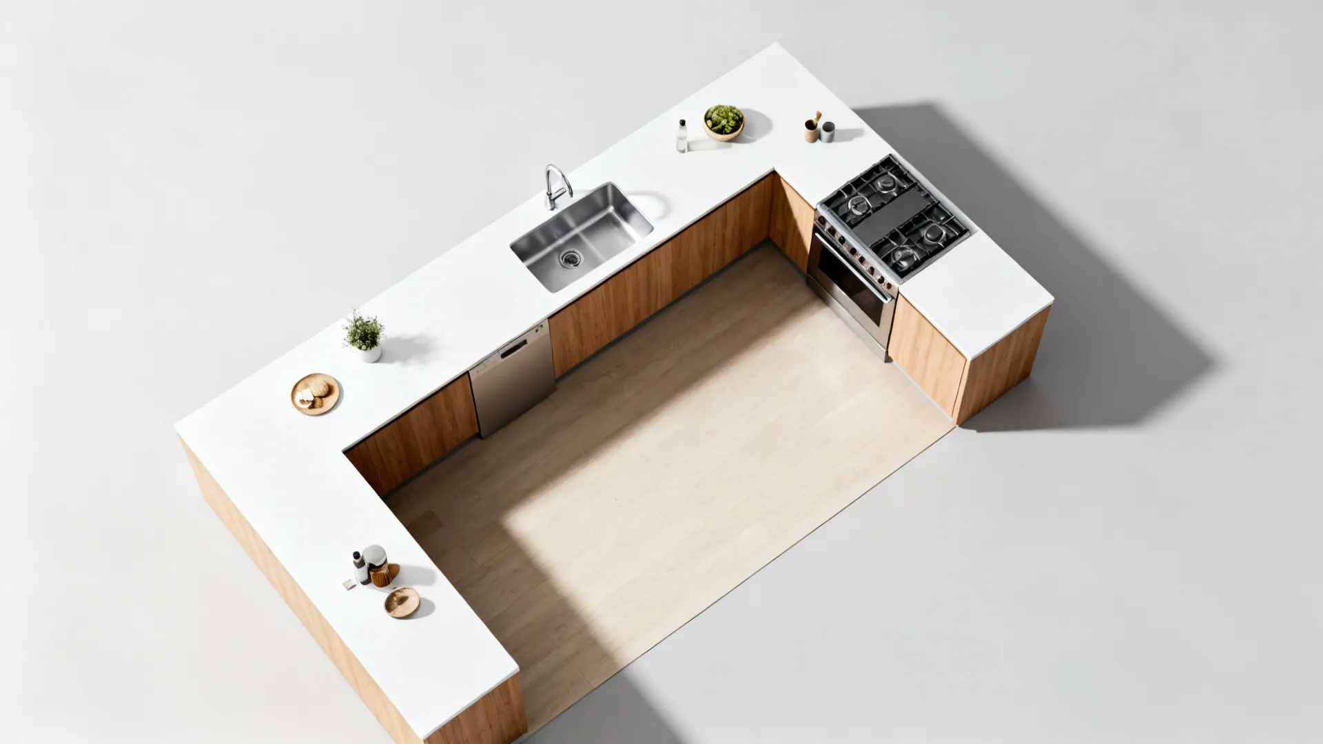 Top-down view of an L-shaped 14x6 kitchen highlighting sink, prep, and cook zones.