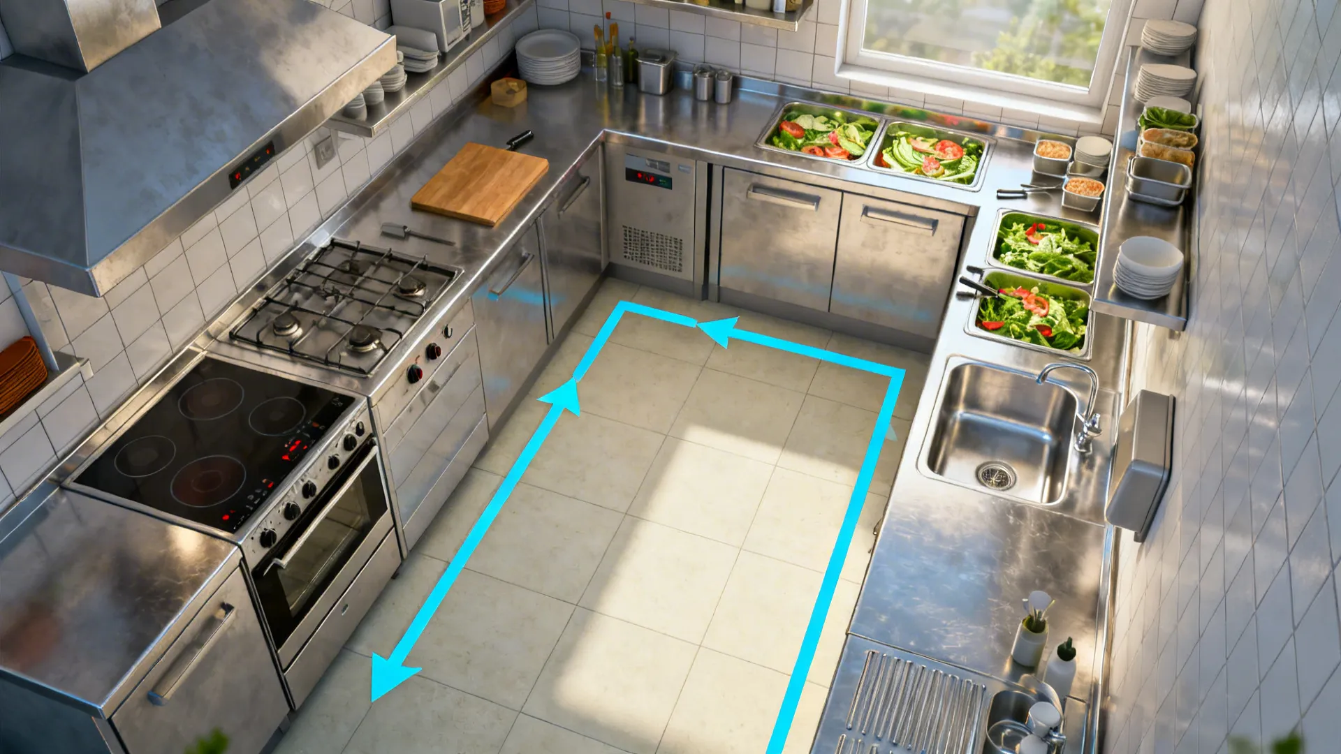 Top-down L-shaped layout with distinct hot and cold legs and a pass at the elbow.