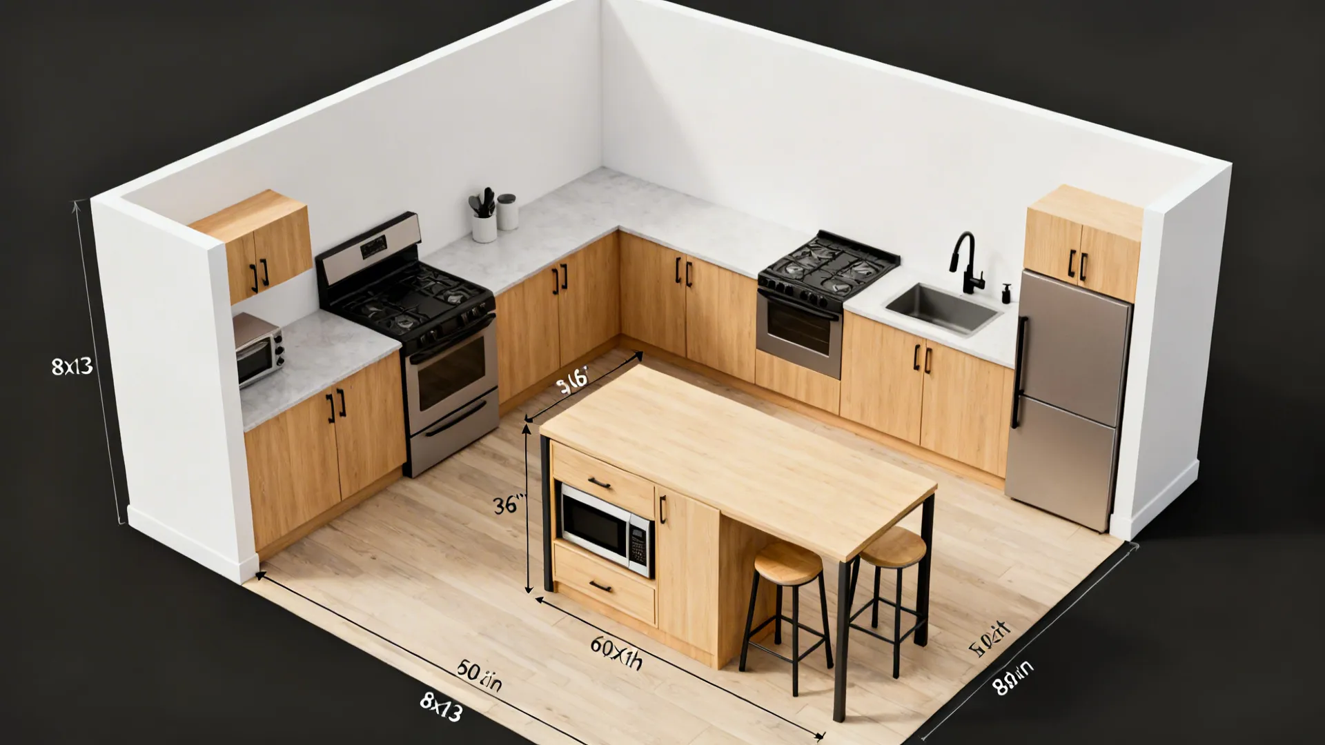 Top-down plan-style view of an L-shaped 8x13 kitchen with a slim 60x18 inch island and clear aisles.