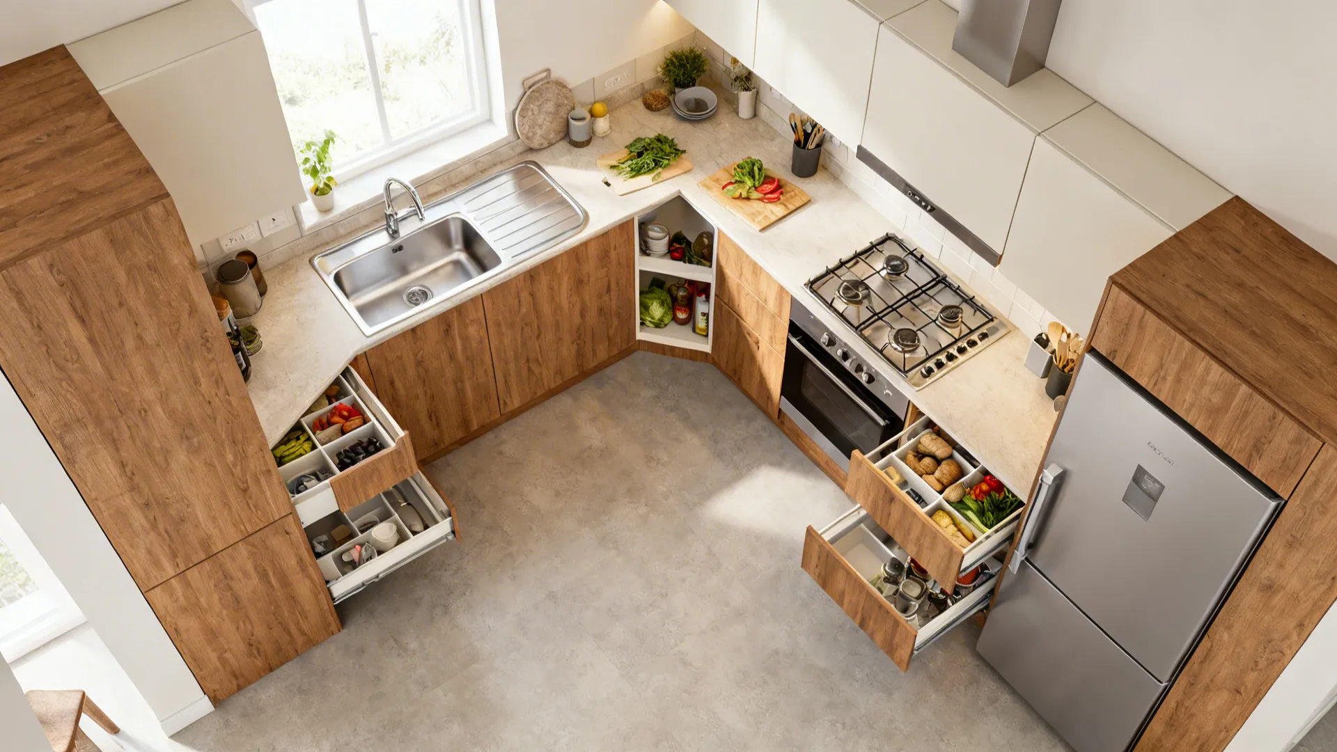 Top-down plan of an L-shaped 8x12 kitchen with sink, hob, corner prep, and fridge placement.