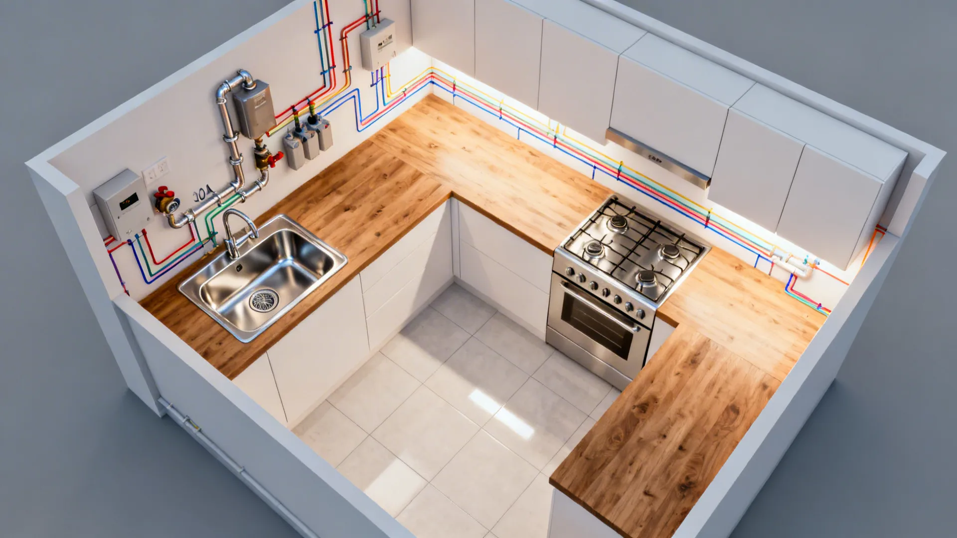 Top-down L-shaped kitchen showing separated plumbing and power routes with a clear prep leg.