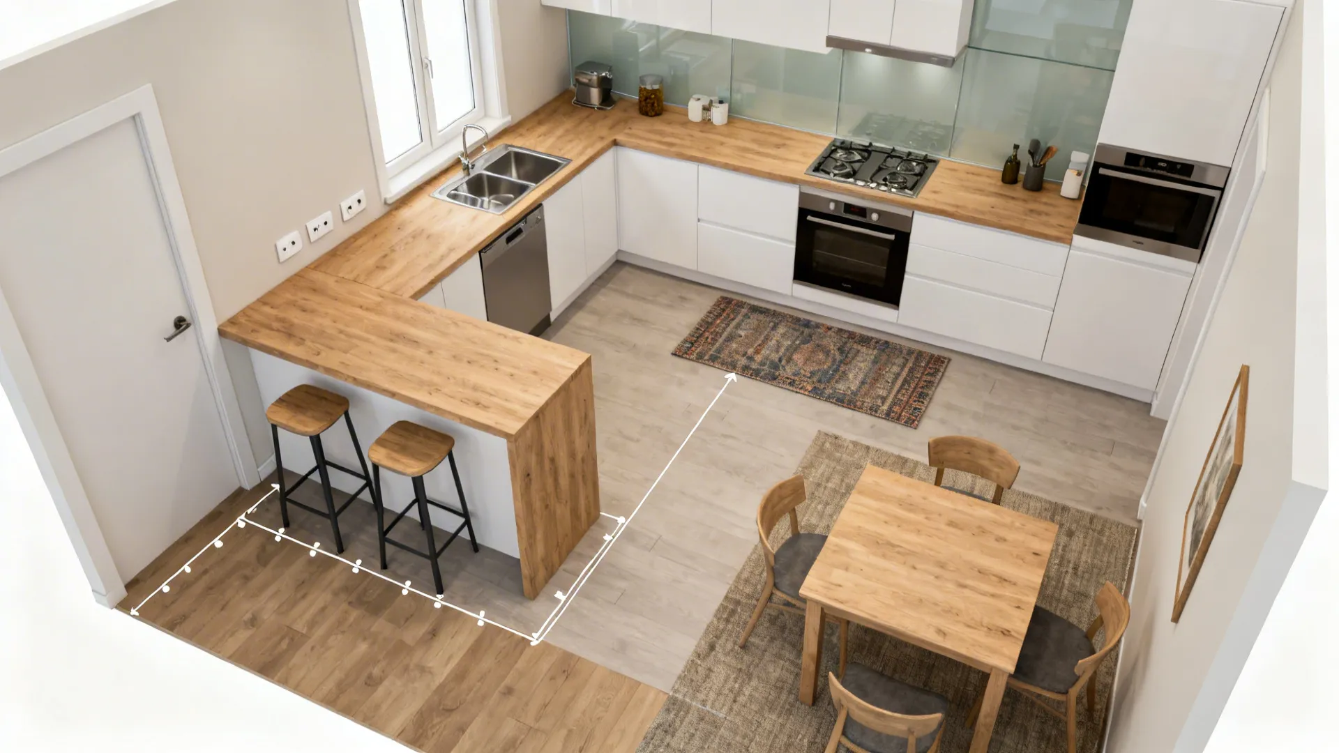 3) An L-shaped layout to stage bar seating and dining separately