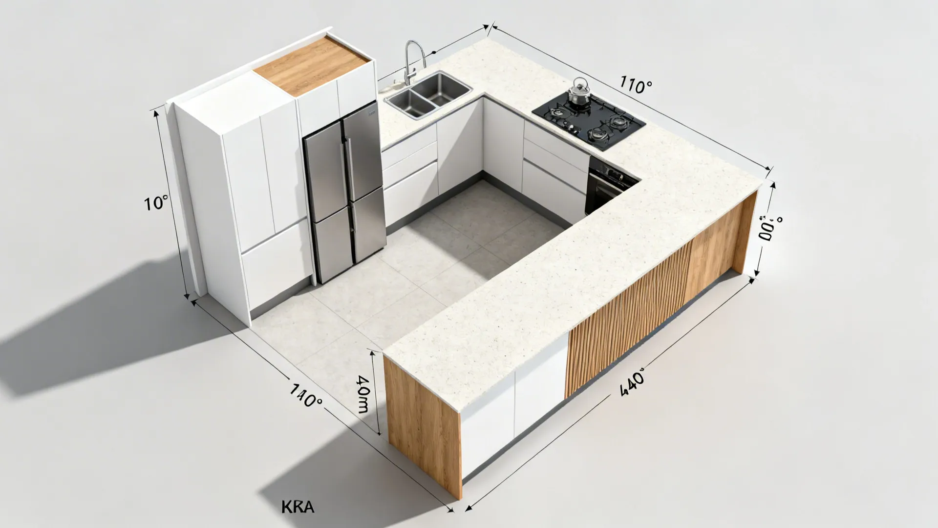 Top-down L-shaped kitchen plan with door swings, dishwasher clearance, and clear work triangle.
