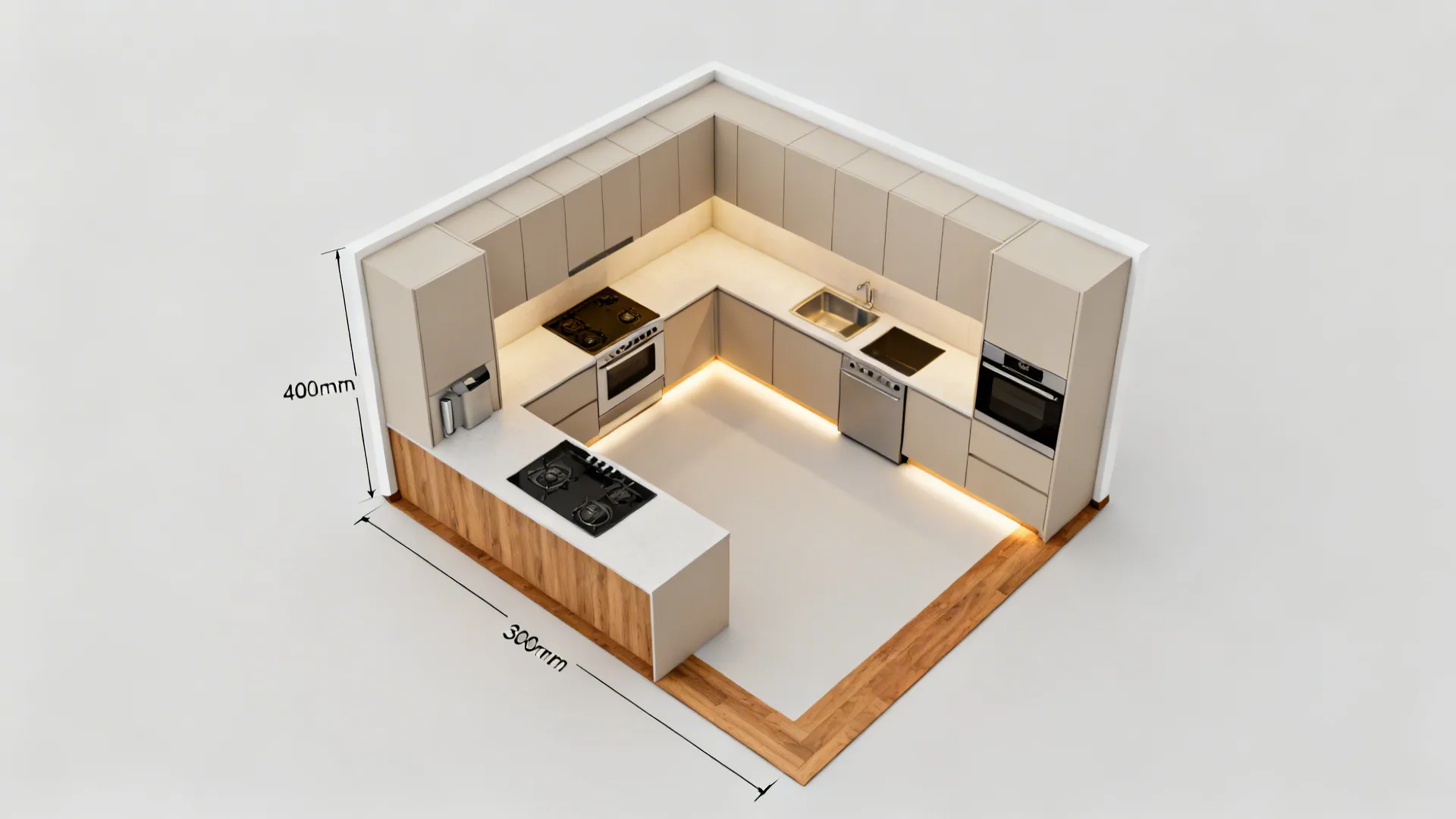 Top-down view of a small L-shaped kitchen with clearances shown.