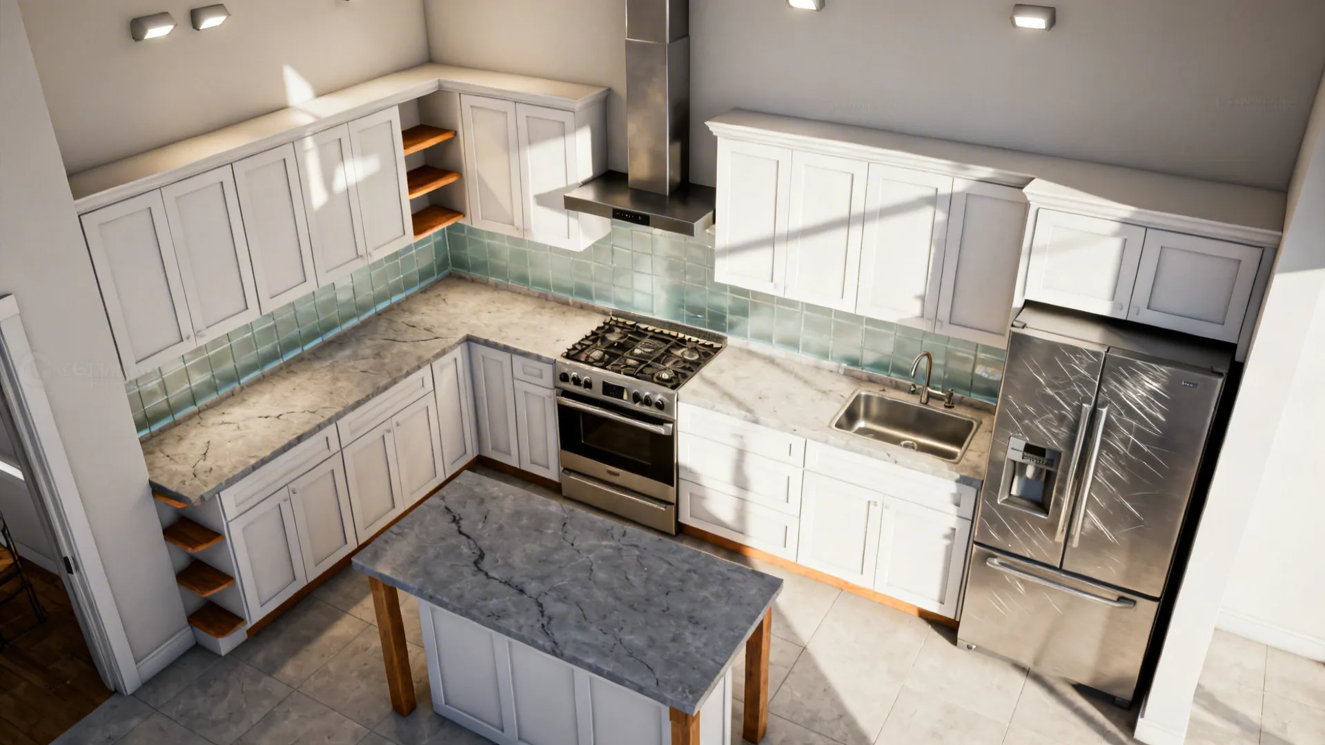 Top-down view of an L-shaped small kitchen with chimney over the cooktop on the long run.