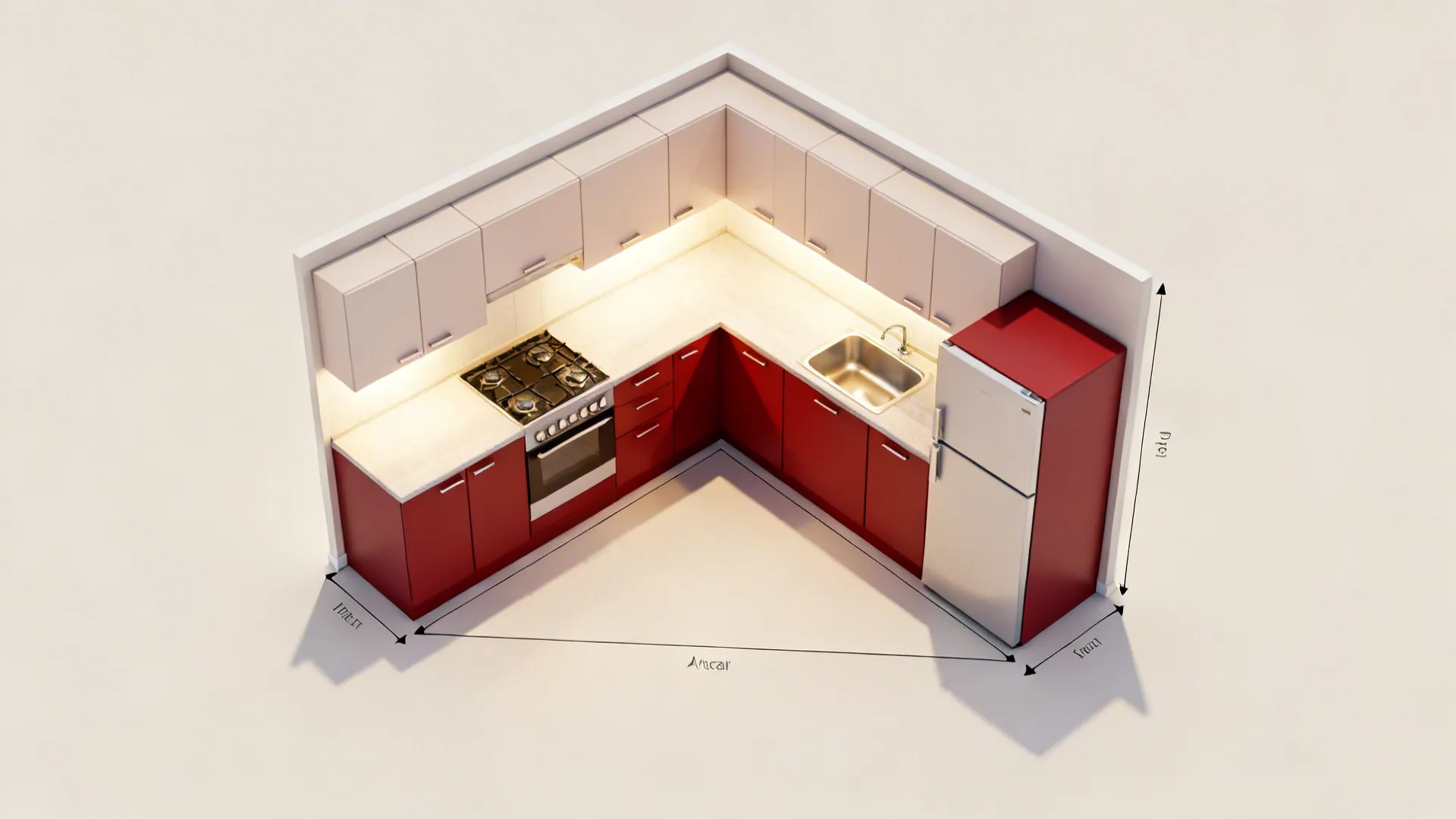 Top-down view of L-shaped small kitchen with red base units and clear work triangle