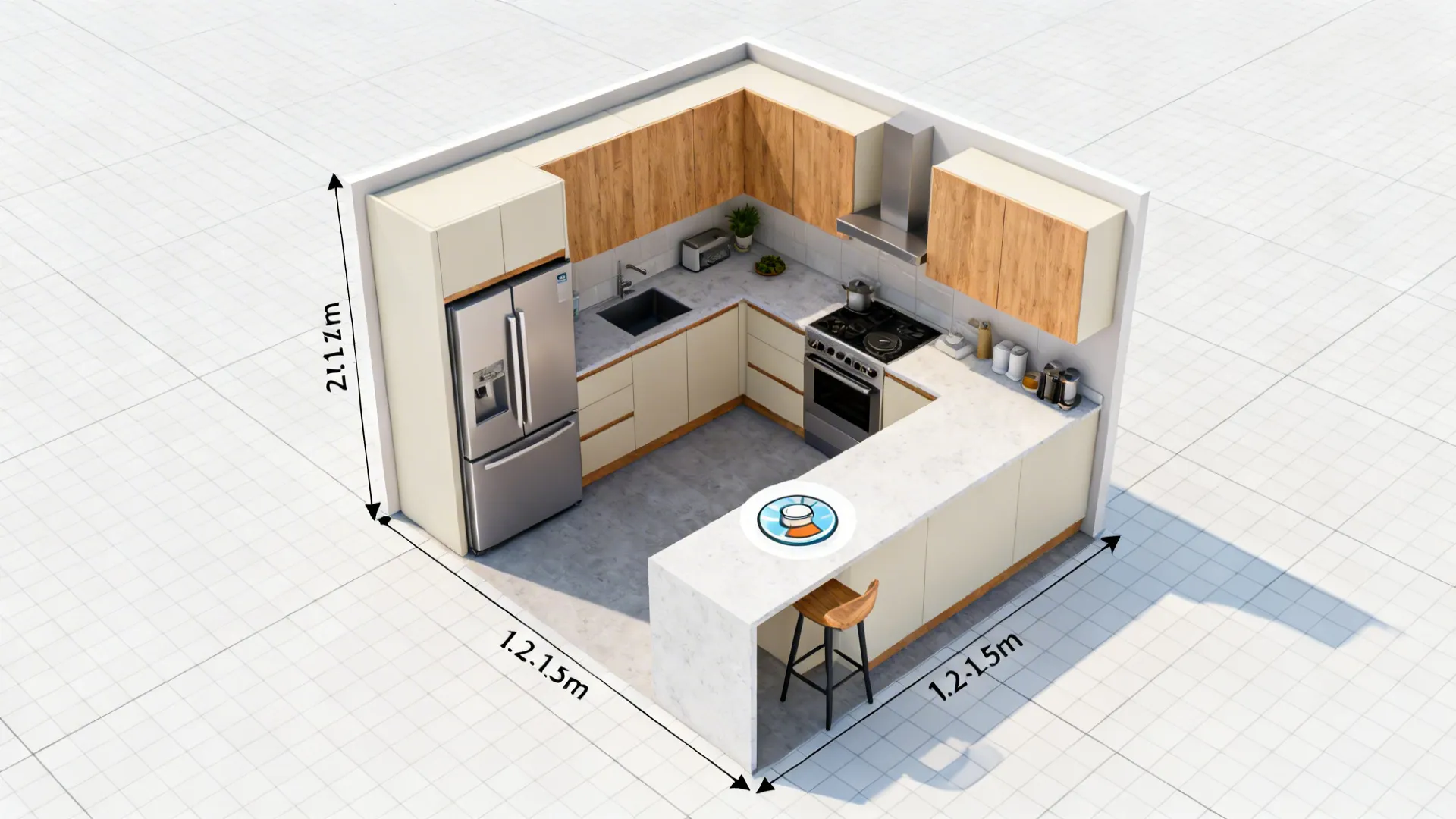 3D kitchen layout showing a U-shaped design with wooden cabinets, fridge, stove, sink, and measurements