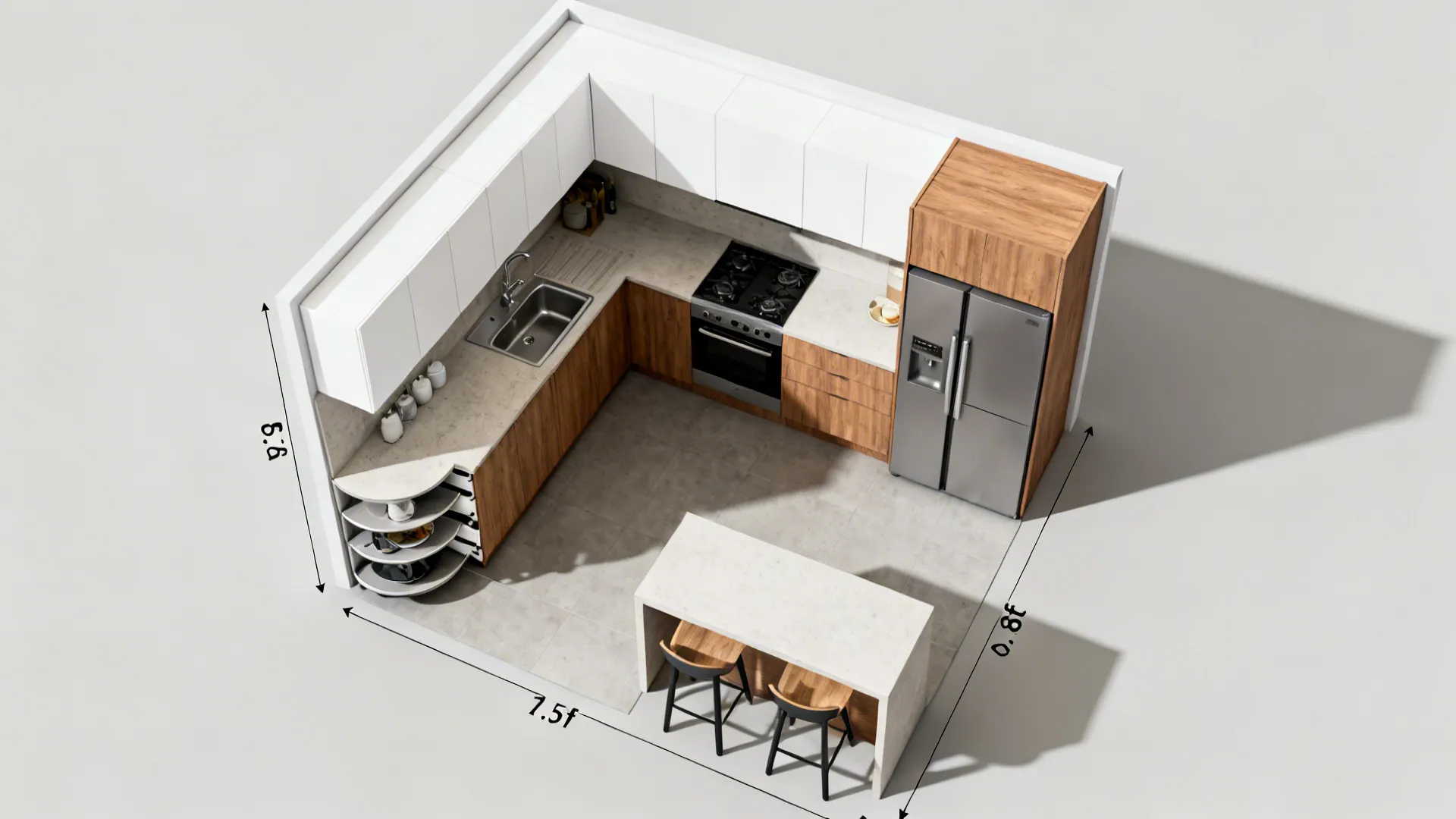 Interior design drawing of kitchen layout with white cabinets wood accents island and labeled measurements